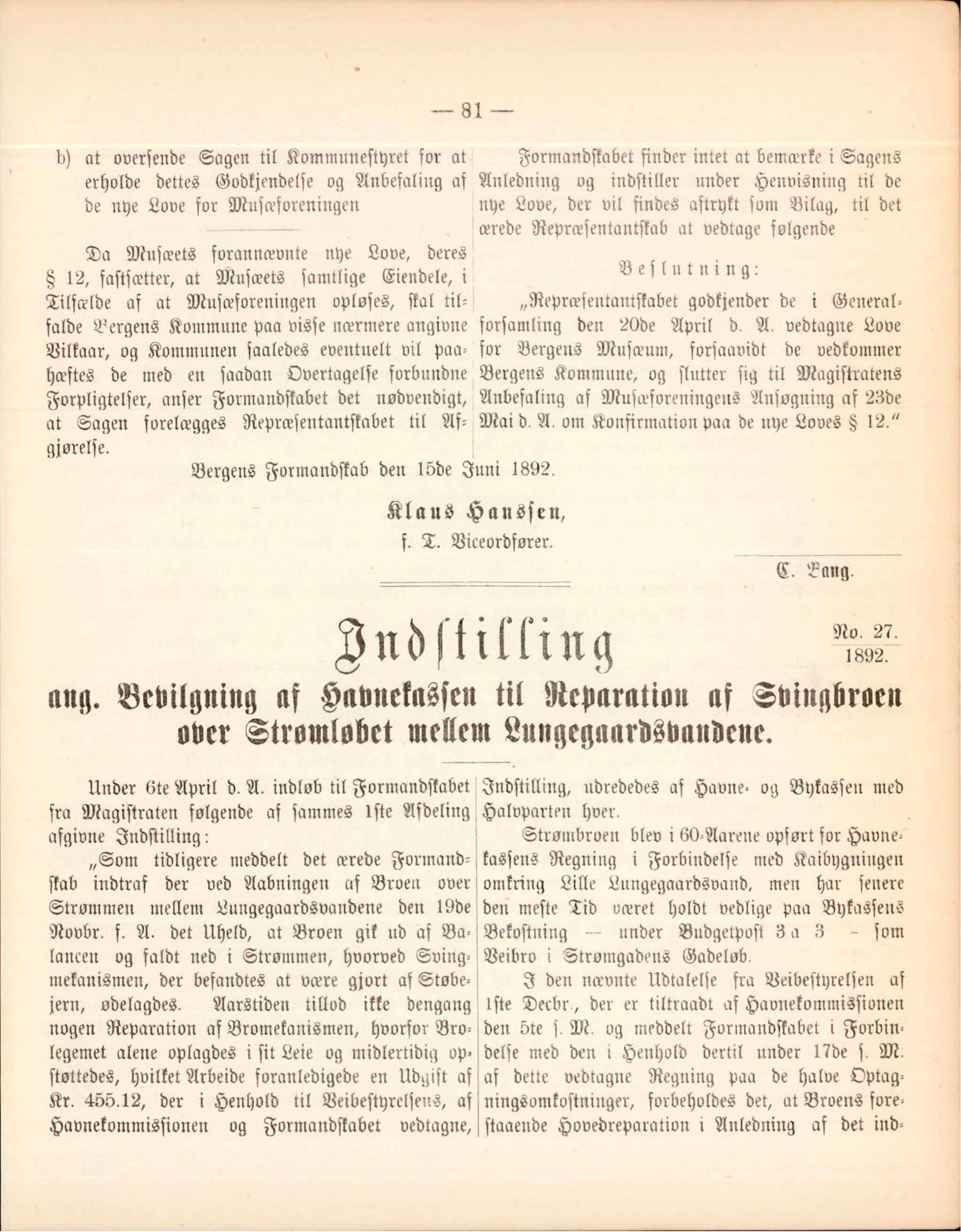 Bergen kommune. Formannskapet, BBA/A-0003/Ad/L0047: Bergens Kommuneforhandlinger, 1892