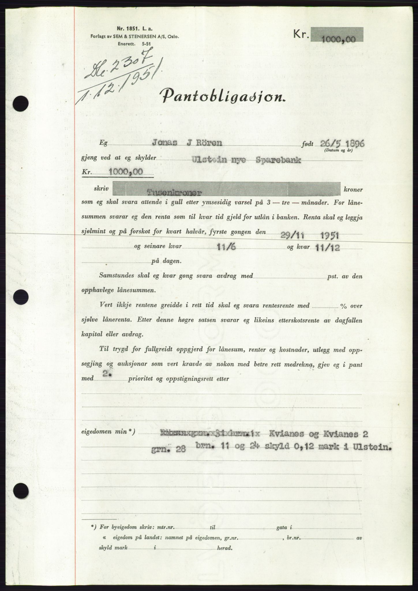 Søre Sunnmøre sorenskriveri, SAT/A-4122/1/2/2C/L0120: Pantebok nr. 8B, 1951-1951, Dagboknr: 2307/1951