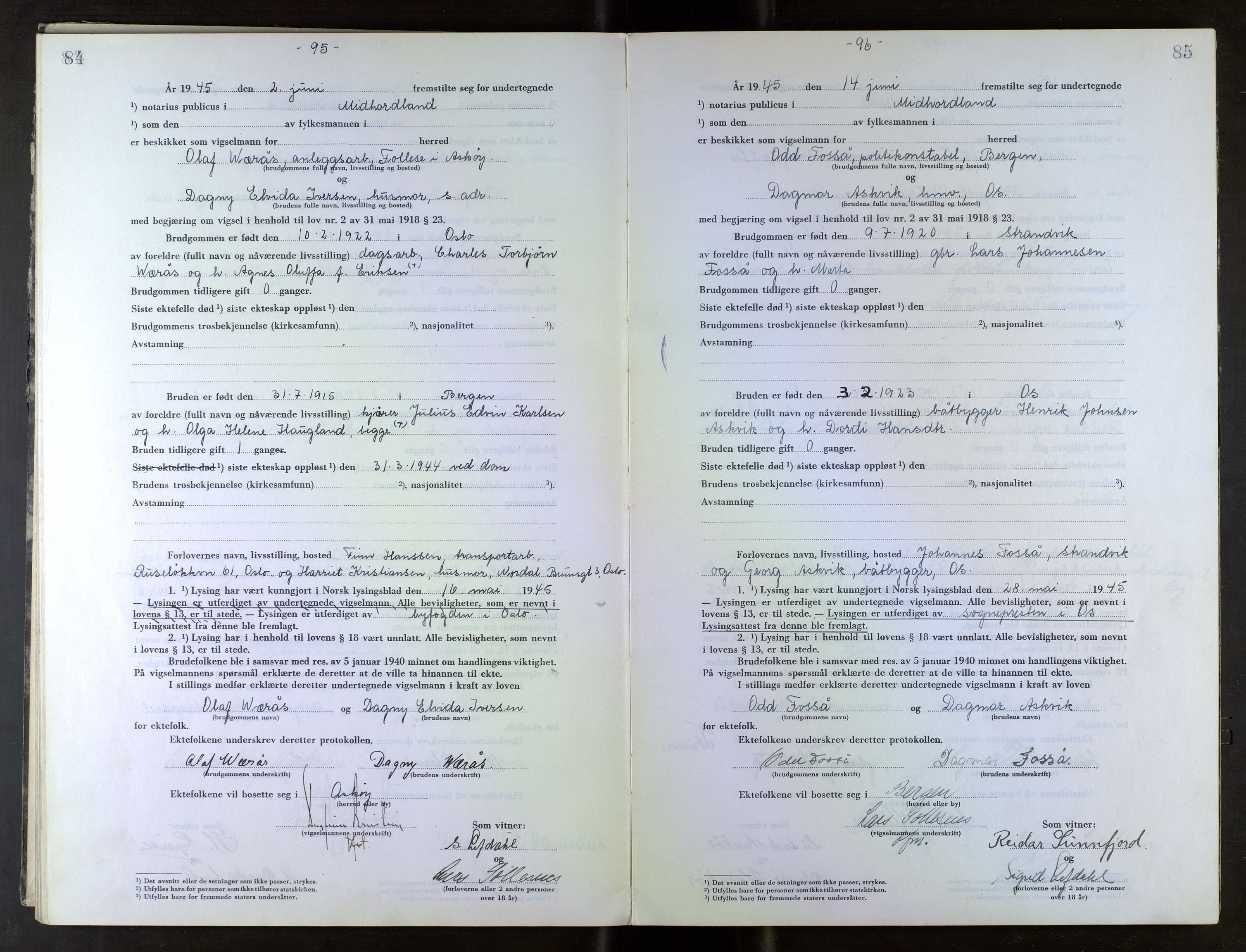 Midhordland sorenskriveri, AV/SAB-A-3001/1/M/Mc/Mca/L0007: Notarialbilag. Vigselbøker, 1945-1948, s. 84-85