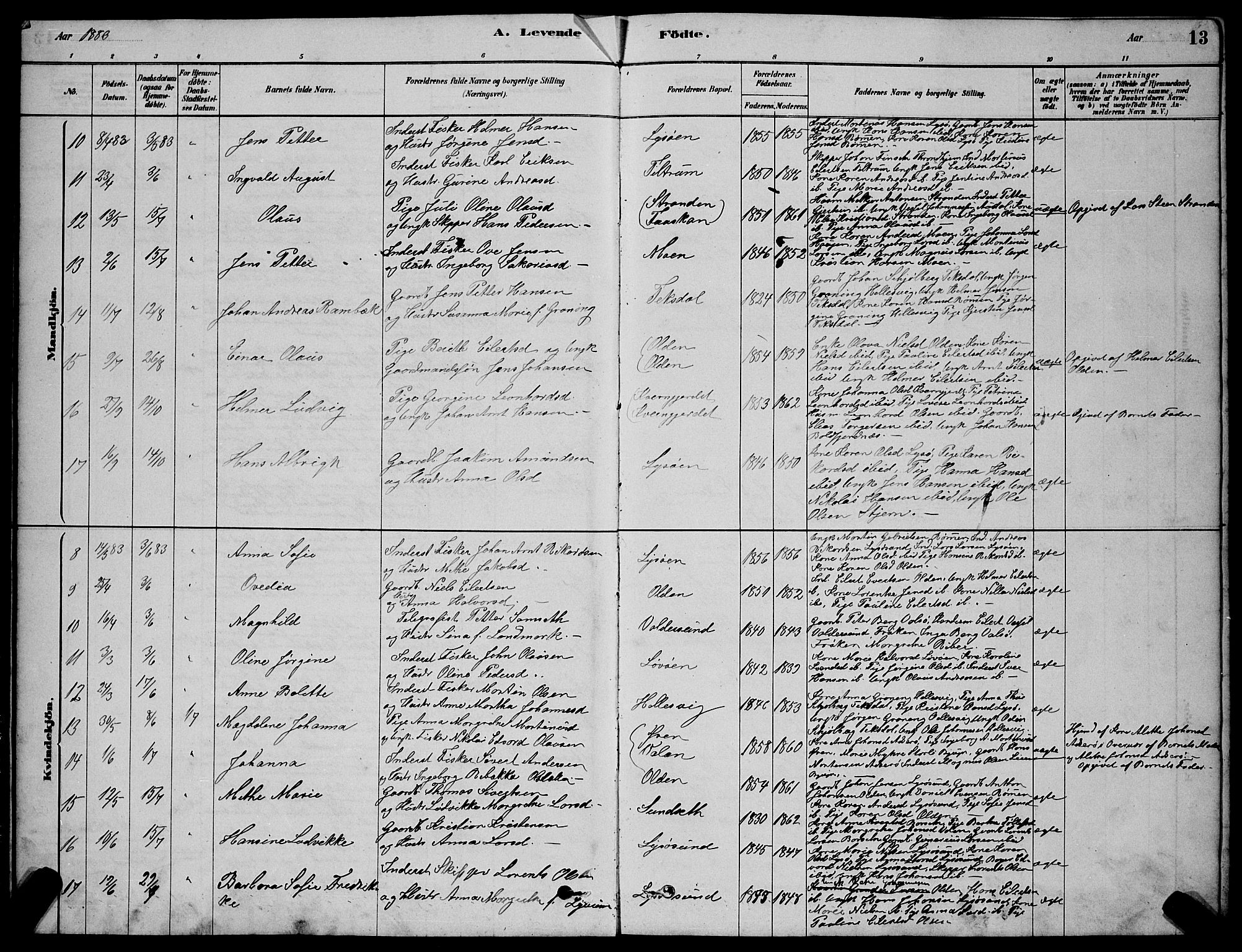 Ministerialprotokoller, klokkerbøker og fødselsregistre - Sør-Trøndelag, AV/SAT-A-1456/654/L0665: Klokkerbok nr. 654C01, 1879-1901, s. 13
