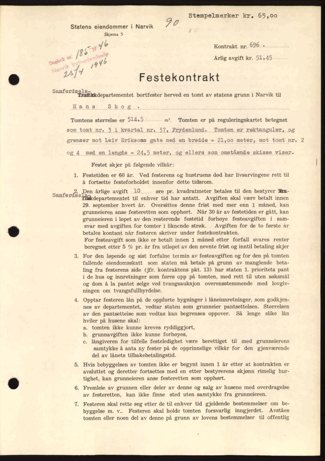 Narvik sorenskriveri, SAT/A-0002/1/2/2C/2Ca: Pantebok nr. A21, 1946-1947, Dagboknr: 185/1946