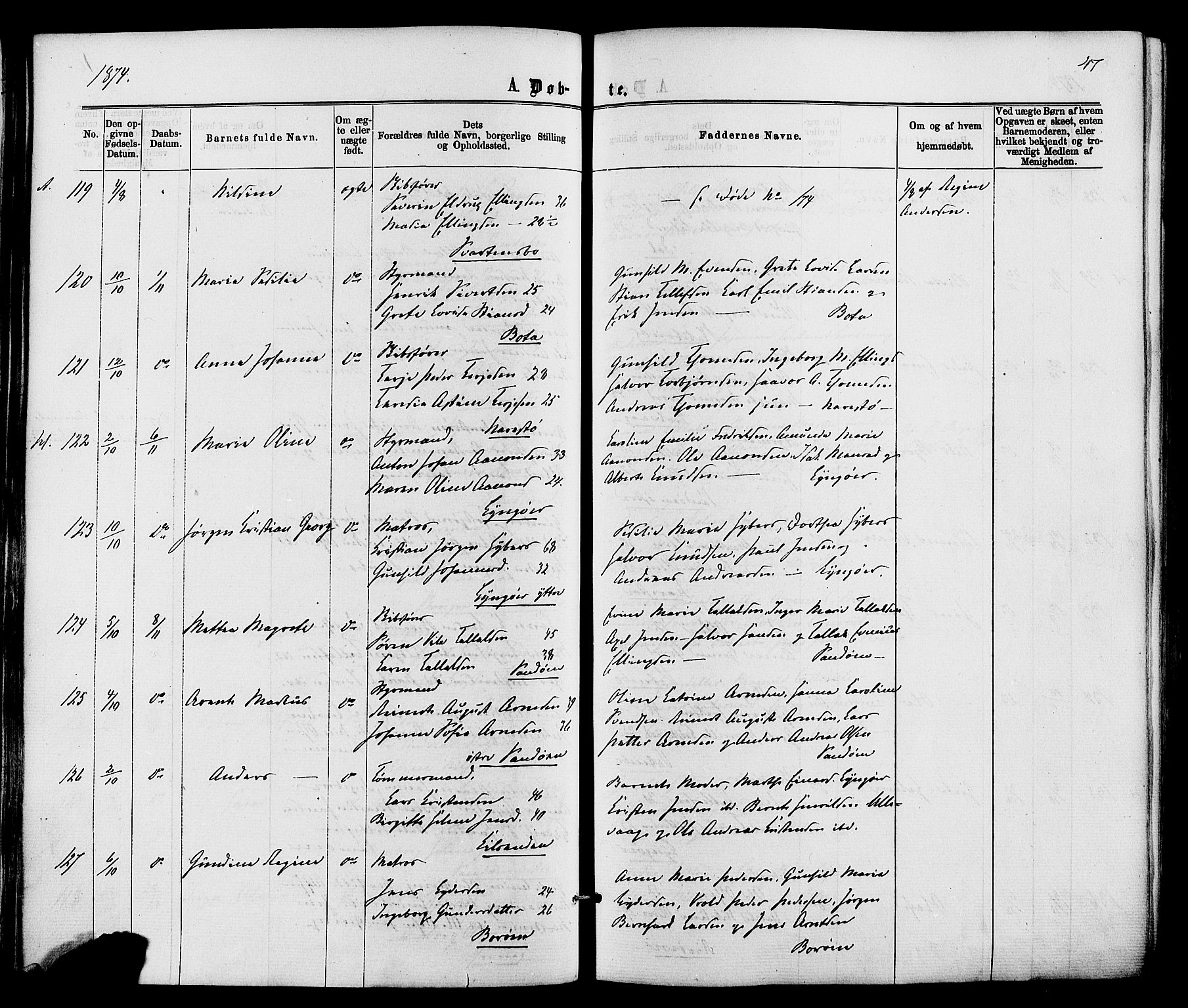 Dypvåg sokneprestkontor, AV/SAK-1111-0007/F/Fa/Faa/L0007: Ministerialbok nr. A 7/ 1, 1872-1884, s. 47