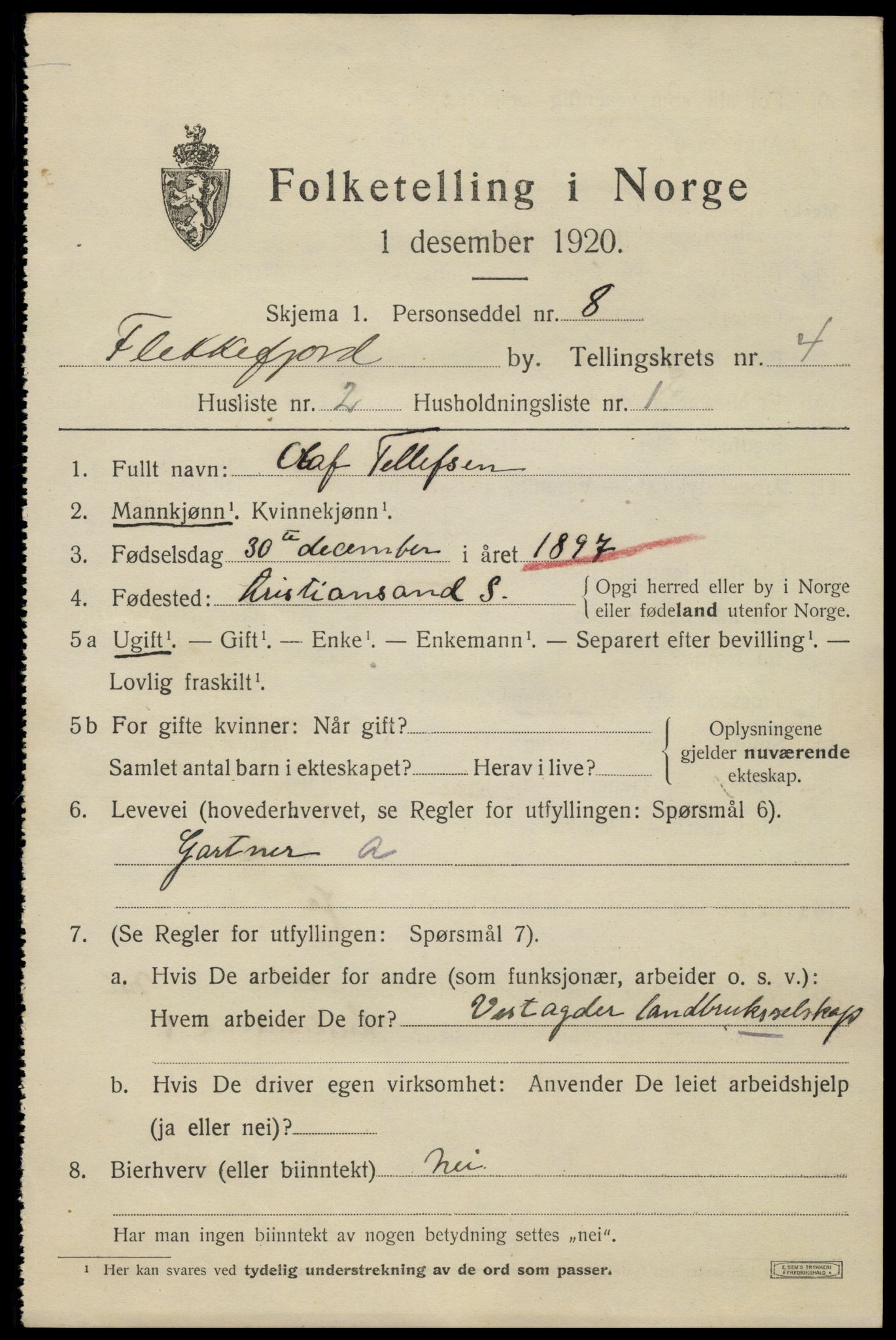 SAK, Folketelling 1920 for 1004 Flekkefjord kjøpstad, 1920, s. 4464