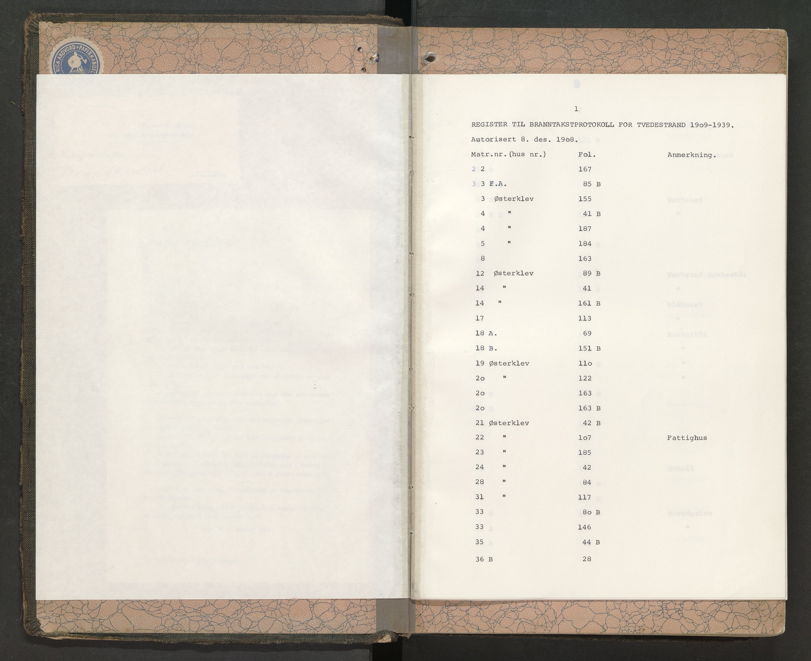 Norges Brannkasse Tvedestrand, AV/SAK-2241-0050/F/Fa/L0005: Branntakstprotokoll nr. 5 med matrikkelnummerregister, 1909-1938