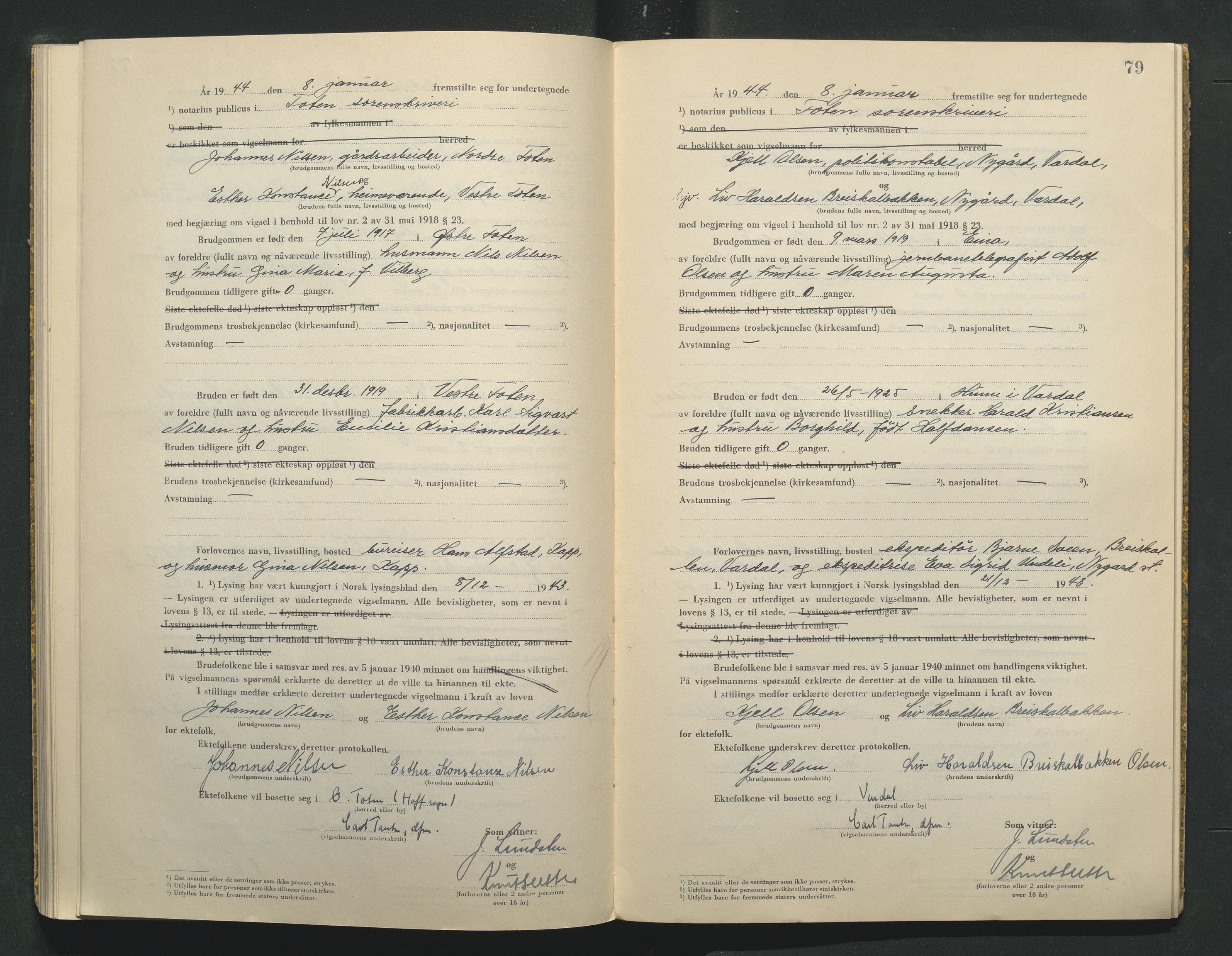 Toten tingrett, AV/SAH-TING-006/L/Lc/L0003: Vigselbok, 1943-1944, s. 79