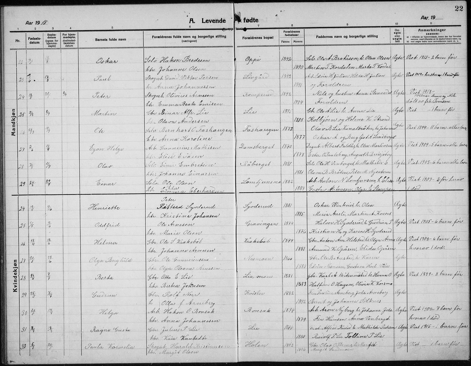 Hof prestekontor, AV/SAH-PREST-038/H/Ha/Hab/L0002: Klokkerbok nr. 2, 1915-1934, s. 22