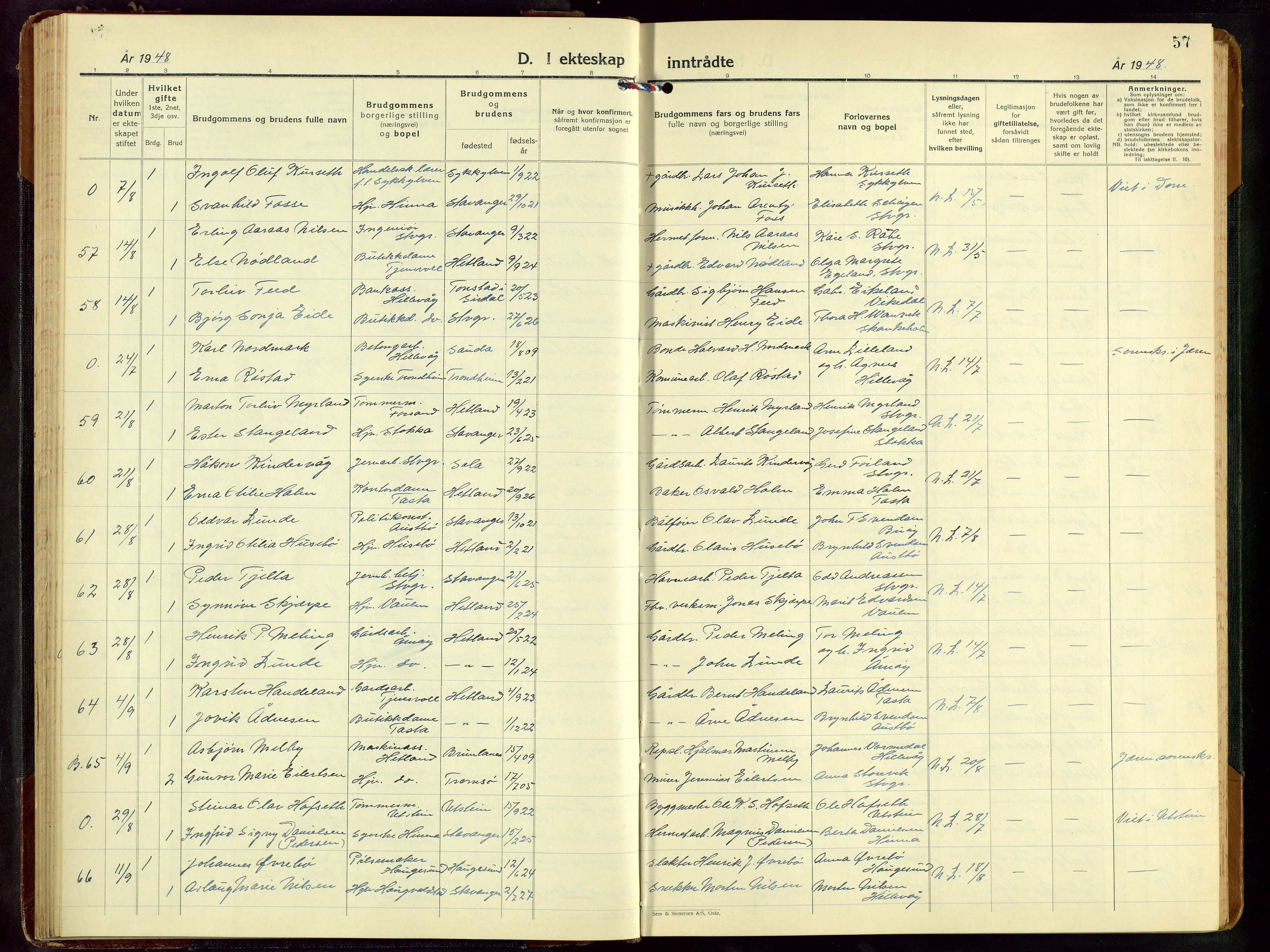 Hetland sokneprestkontor, AV/SAST-A-101826/30/30BB/L0016: Klokkerbok nr. B 16, 1942-1960, s. 57