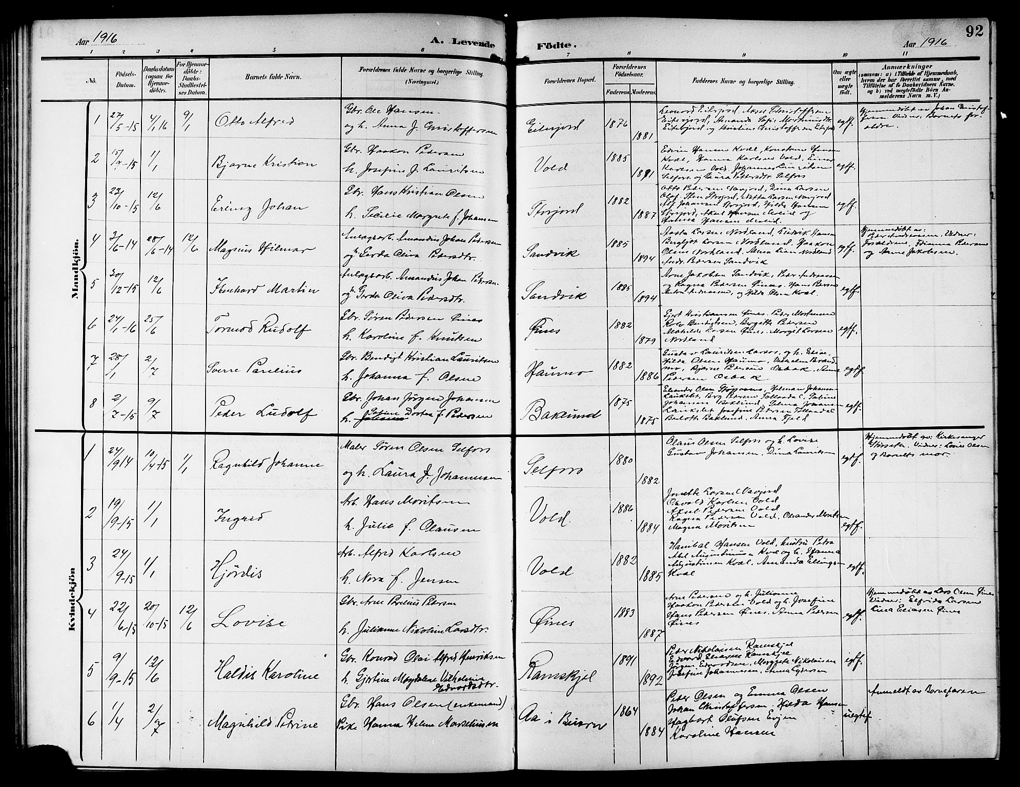 Ministerialprotokoller, klokkerbøker og fødselsregistre - Nordland, AV/SAT-A-1459/846/L0655: Klokkerbok nr. 846C05, 1902-1916, s. 92