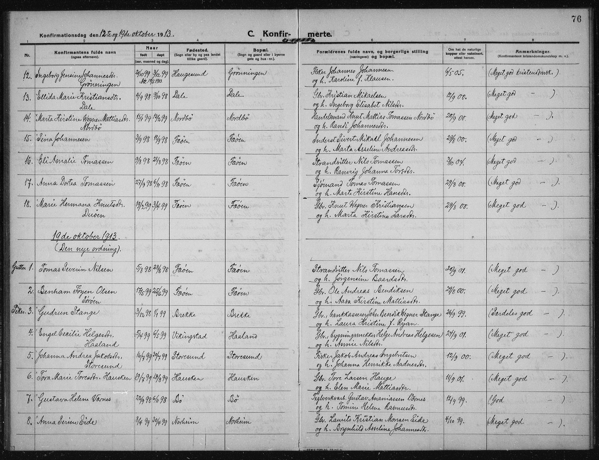 Torvastad sokneprestkontor, AV/SAST-A -101857/H/Ha/Haa/L0019: Ministerialbok nr. A 18, 1912-1920, s. 76