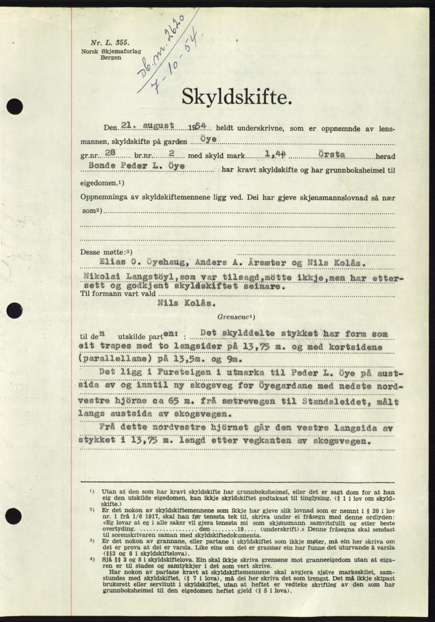 Søre Sunnmøre sorenskriveri, AV/SAT-A-4122/1/2/2C/L0099: Pantebok nr. 25A, 1954-1954, Dagboknr: 2620/1954