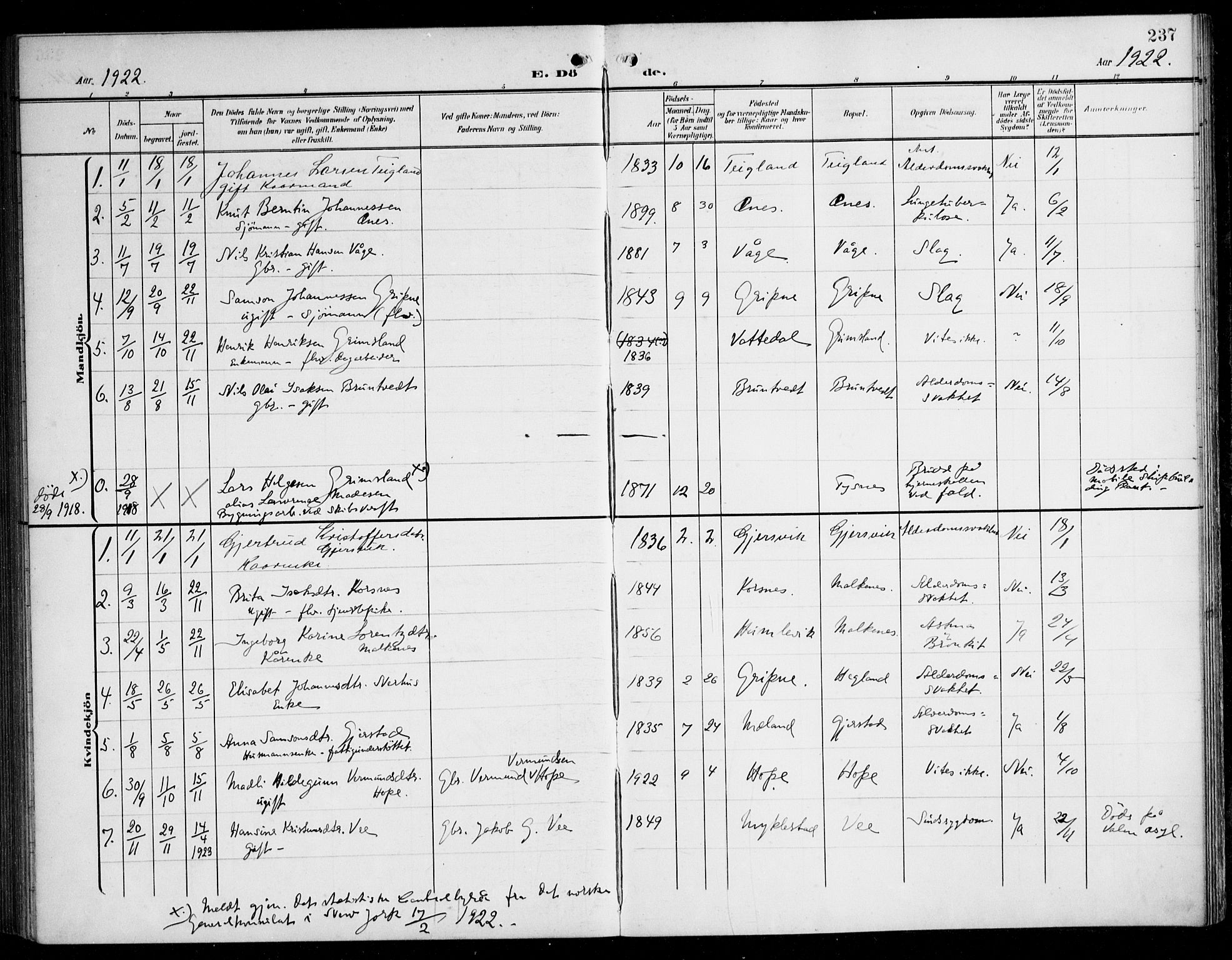 Tysnes sokneprestembete, SAB/A-78601/H/Haa: Ministerialbok nr. B 2, 1907-1925, s. 237