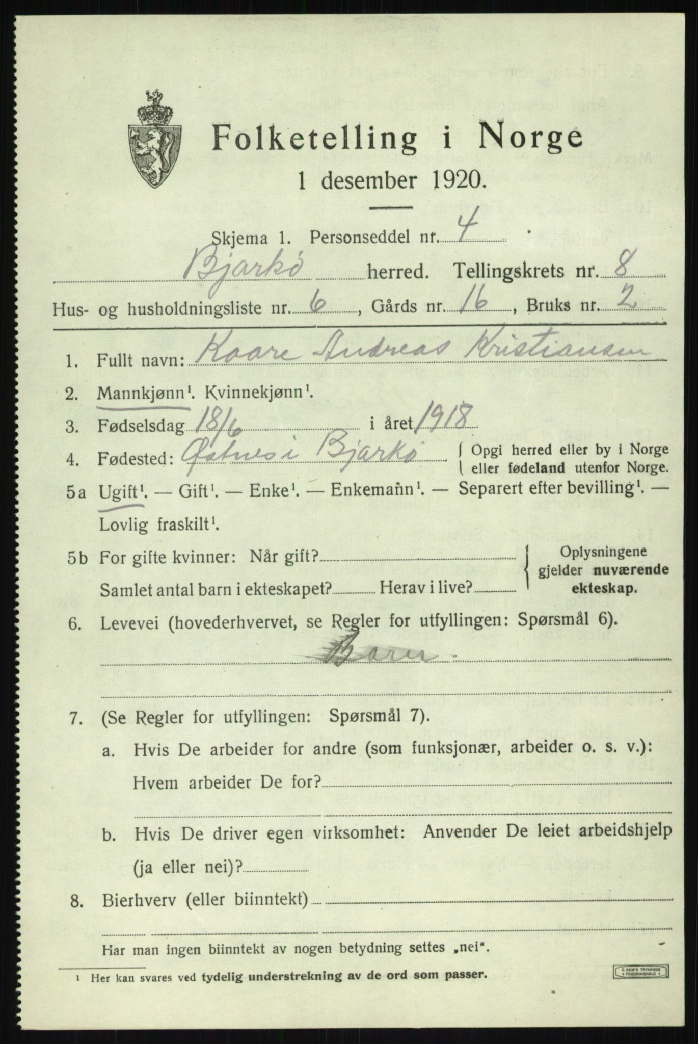 SATØ, Folketelling 1920 for 1915 Bjarkøy herred, 1920, s. 3501
