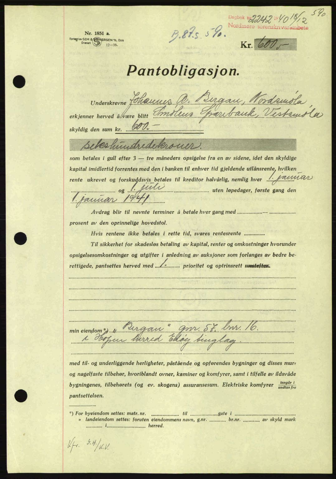 Nordmøre sorenskriveri, AV/SAT-A-4132/1/2/2Ca: Pantebok nr. B87, 1940-1941, Dagboknr: 2242/1940