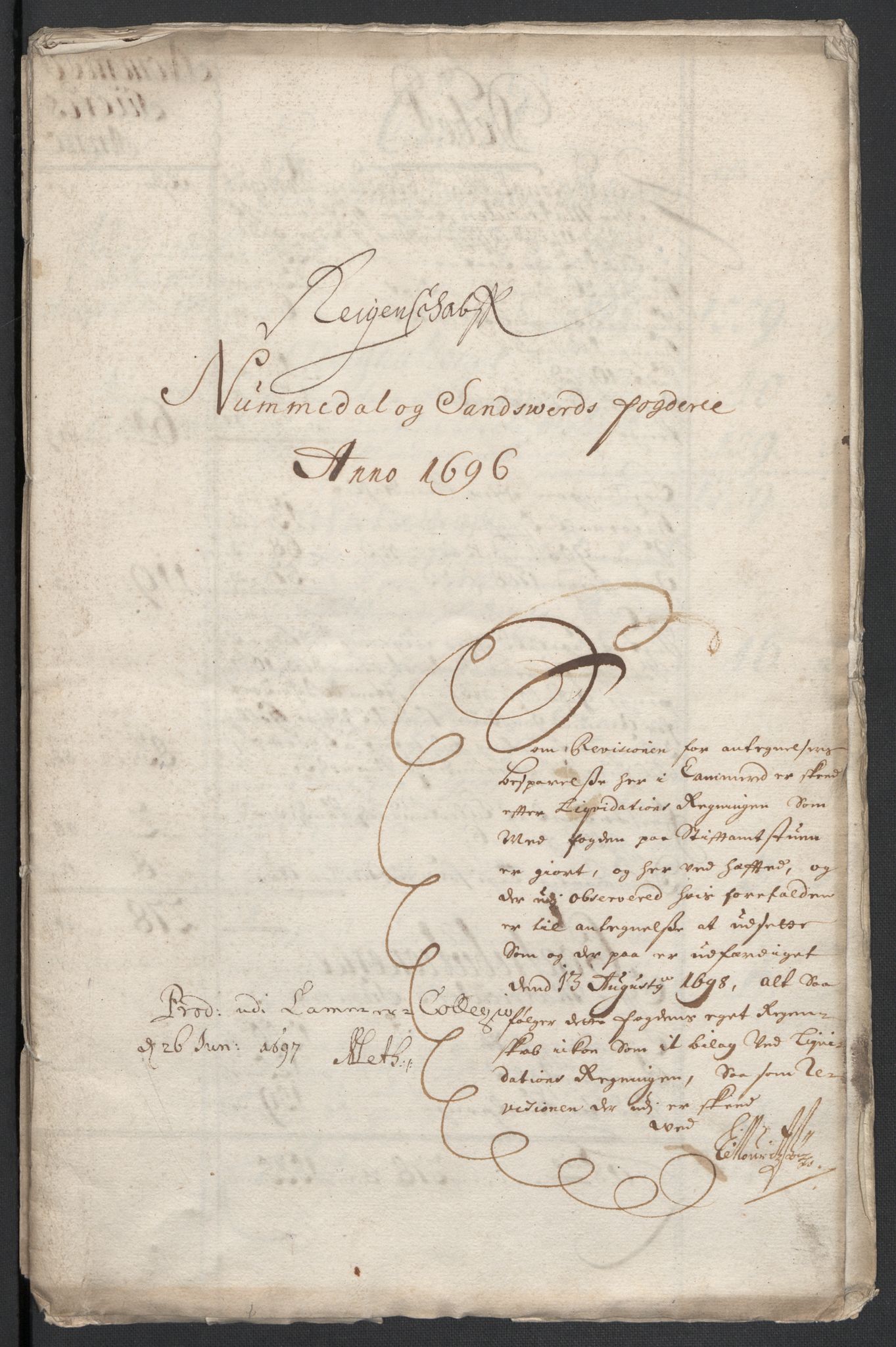 Rentekammeret inntil 1814, Reviderte regnskaper, Fogderegnskap, RA/EA-4092/R24/L1576: Fogderegnskap Numedal og Sandsvær, 1696-1697, s. 3