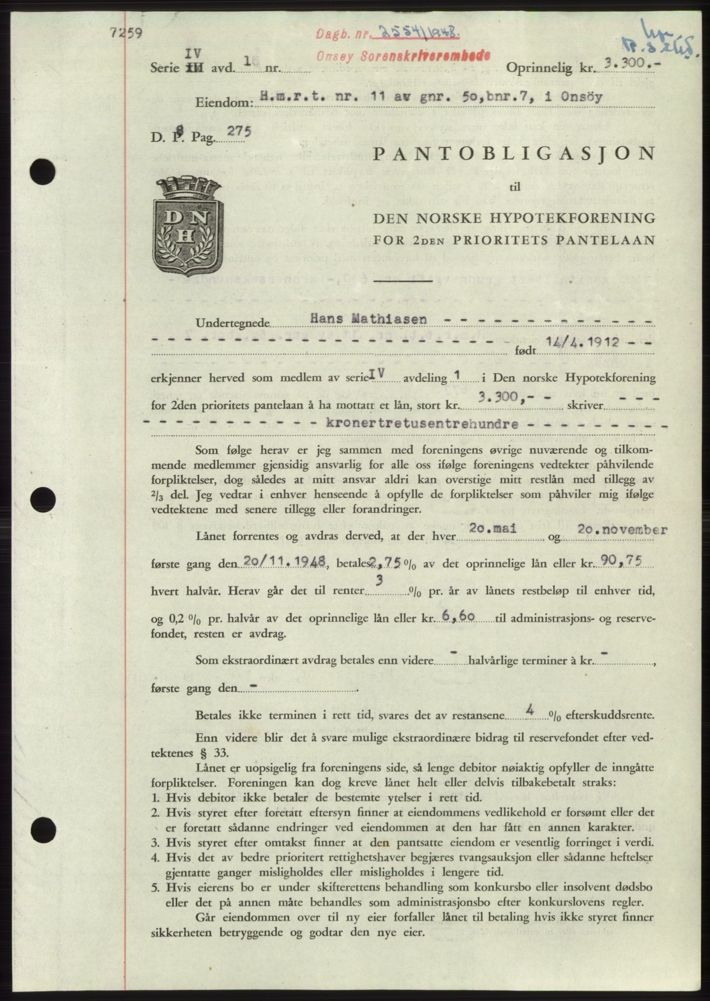 Onsøy sorenskriveri, SAO/A-10474/G/Ga/Gac/L0007: Pantebok nr. B 14-7, 1948-1948, Dagboknr: 2554/1948