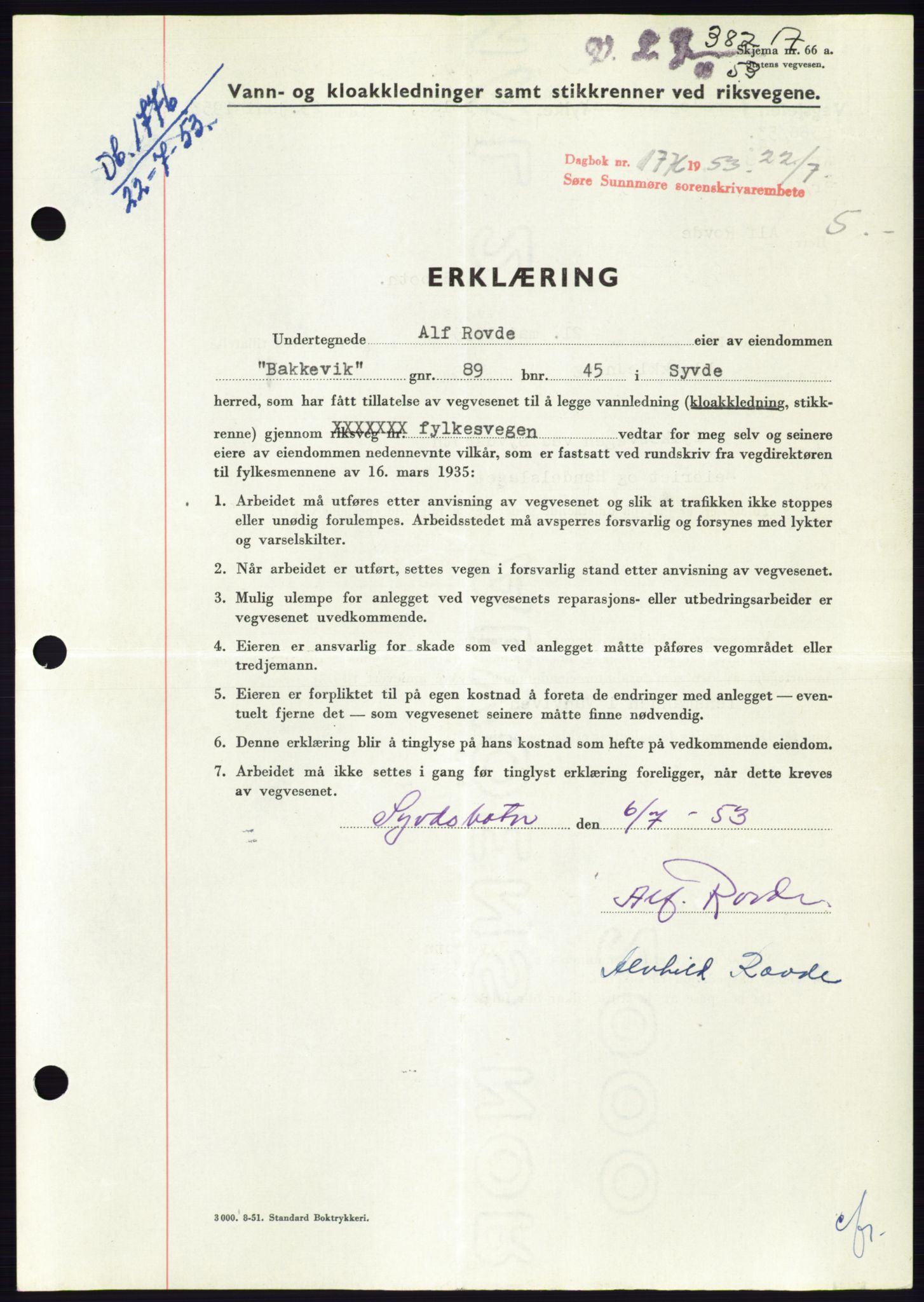 Søre Sunnmøre sorenskriveri, AV/SAT-A-4122/1/2/2C/L0095: Pantebok nr. 21A, 1953-1953, Dagboknr: 1776/1953
