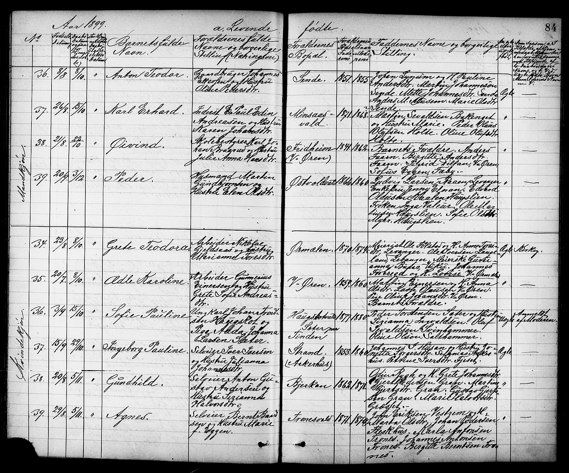 Ministerialprotokoller, klokkerbøker og fødselsregistre - Nord-Trøndelag, SAT/A-1458/723/L0257: Klokkerbok nr. 723C05, 1890-1907, s. 84