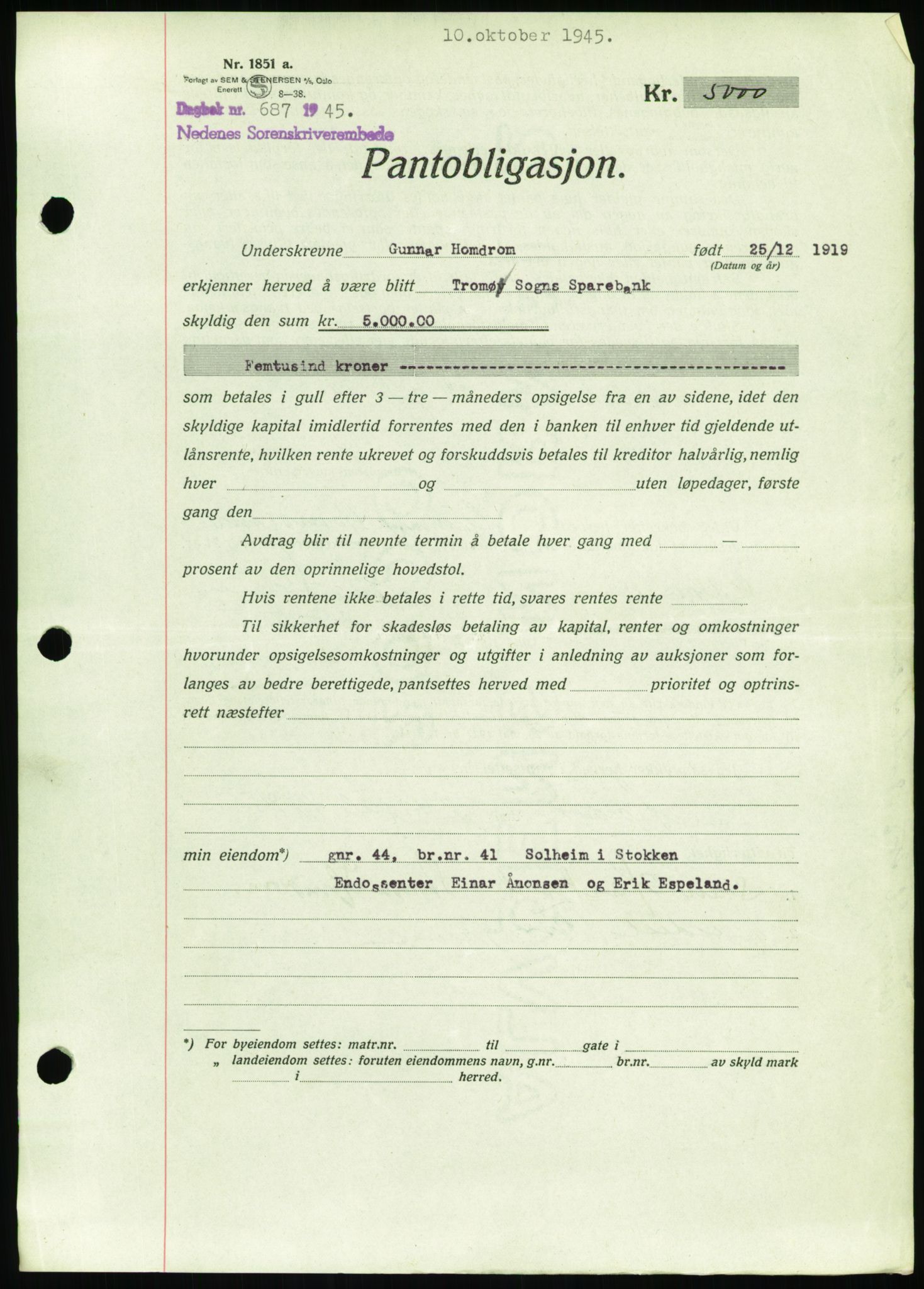 Nedenes sorenskriveri, SAK/1221-0006/G/Gb/Gbb/L0002: Pantebok nr. II, 1942-1945, Dagboknr: 687/1945