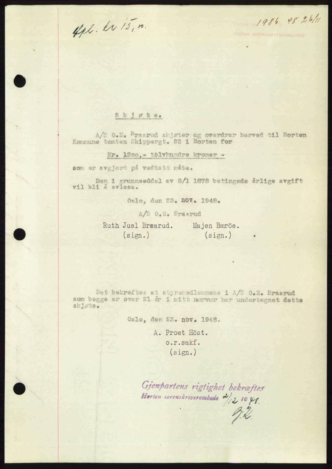 Horten sorenskriveri, AV/SAKO-A-133/G/Ga/Gaa/L0011: Pantebok nr. A-11, 1948-1948, Dagboknr: 1986/1948