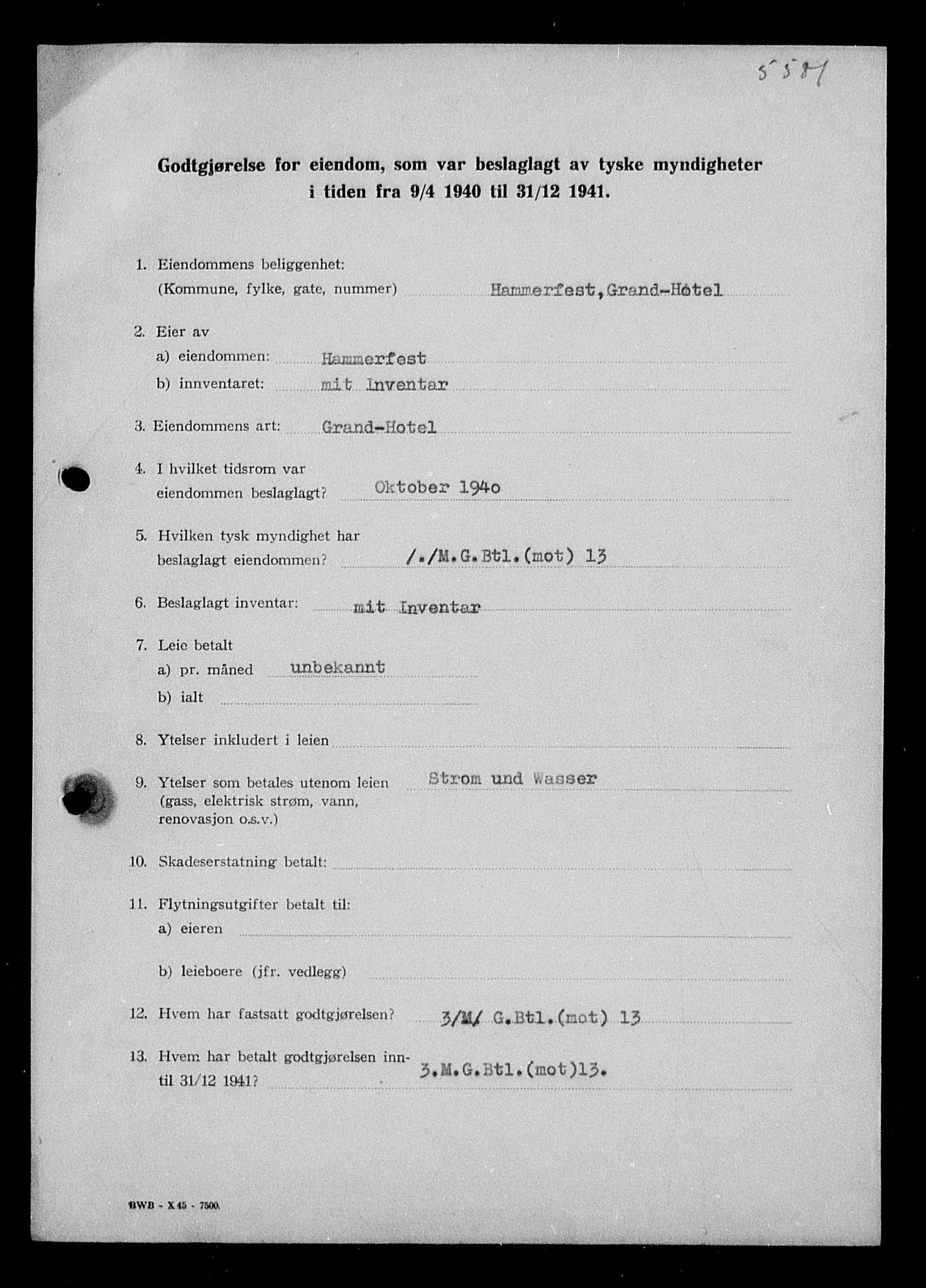 Justisdepartementet, Tilbakeføringskontoret for inndratte formuer, AV/RA-S-1564/I/L1019: Godtgjørelse for beslaglagt eiendom, 1940-1941, s. 128