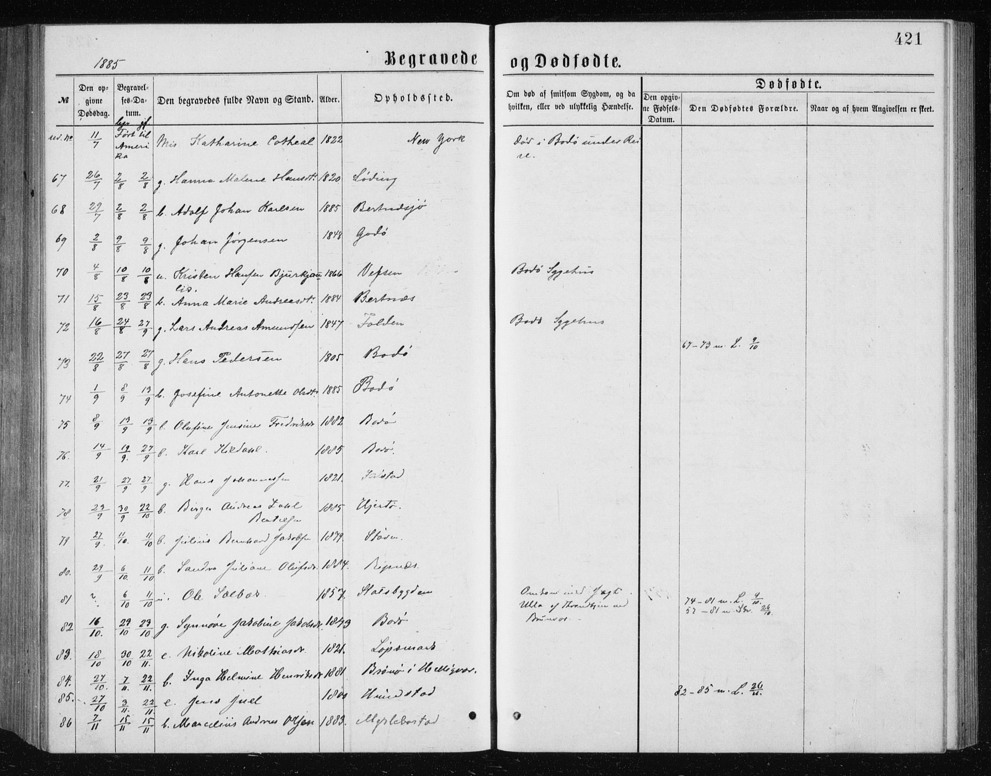 Ministerialprotokoller, klokkerbøker og fødselsregistre - Nordland, AV/SAT-A-1459/801/L0031: Klokkerbok nr. 801C06, 1883-1887, s. 421
