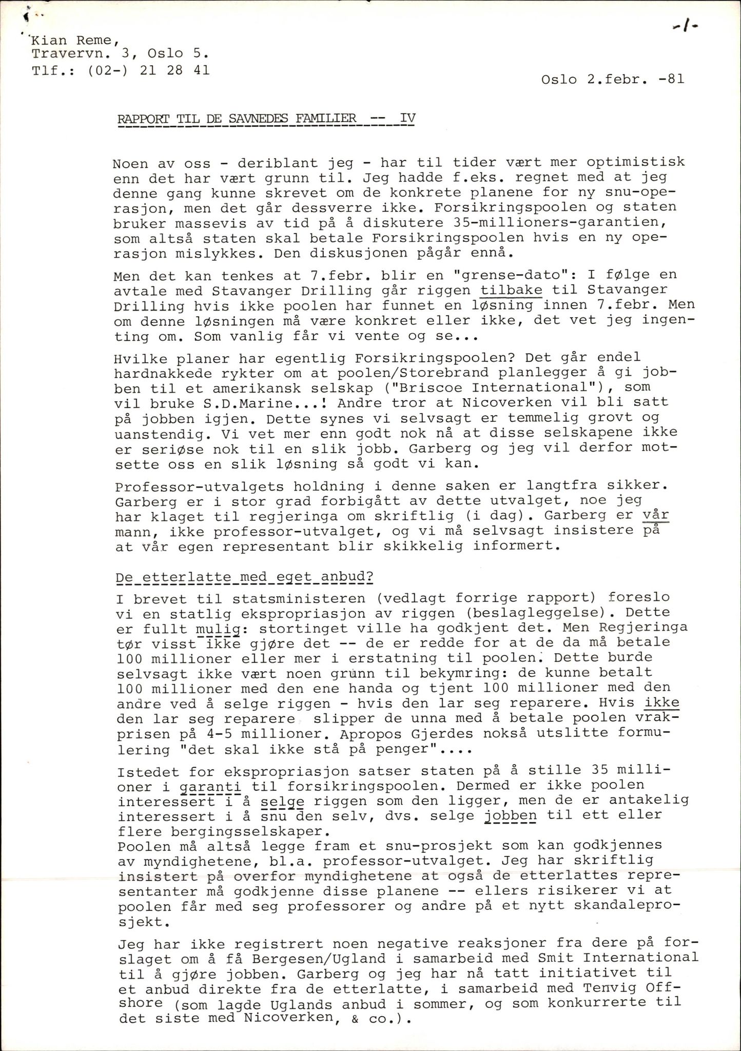 Pa 1660 - Kielland- fondet, AV/SAST-A-102242/X/Xa/L0001: Rapport til overlevende og etterlatte/ Kielland Bulletin, 1980-1998