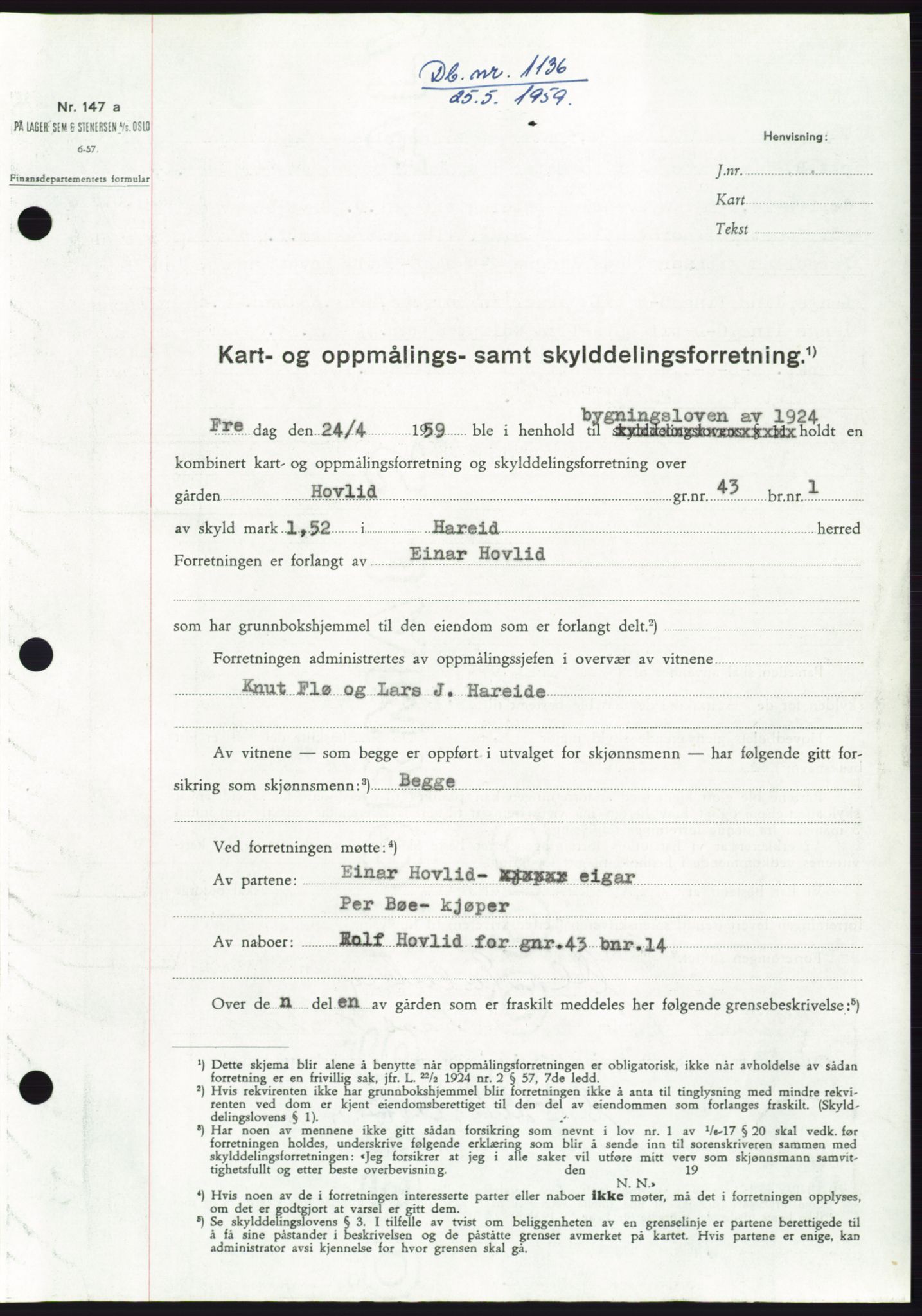 Søre Sunnmøre sorenskriveri, SAT/A-4122/1/2/2C/L0112: Pantebok nr. 38A, 1959-1959, Dagboknr: 1136/1959