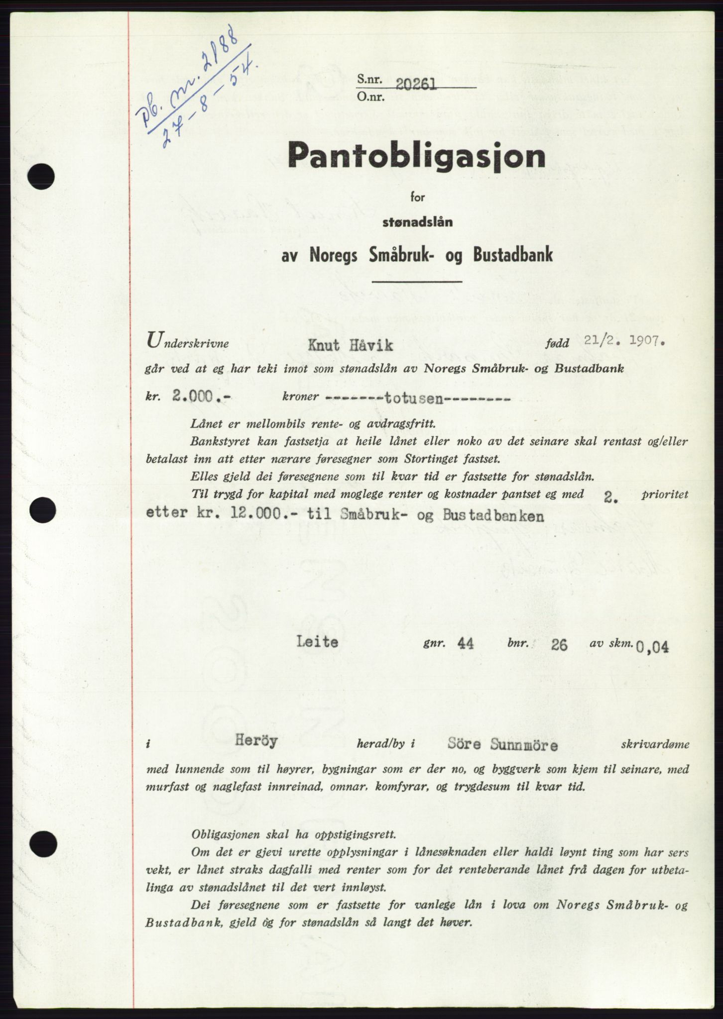 Søre Sunnmøre sorenskriveri, SAT/A-4122/1/2/2C/L0125: Pantebok nr. 13B, 1954-1954, Dagboknr: 2188/1954