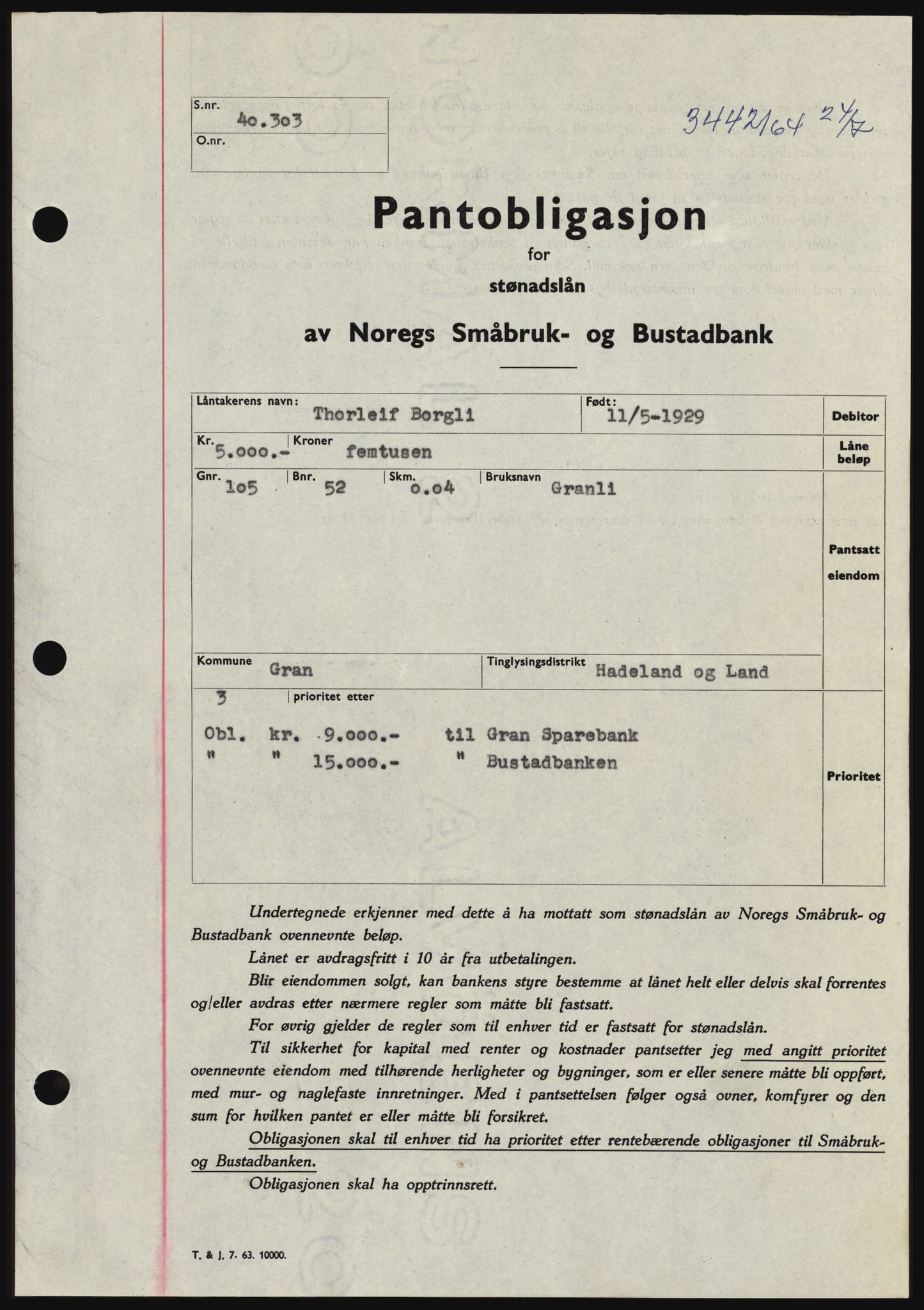 Hadeland og Land tingrett, SAH/TING-010/H/Hb/Hbc/L0055: Pantebok nr. B55, 1964-1964, Dagboknr: 3442/1964