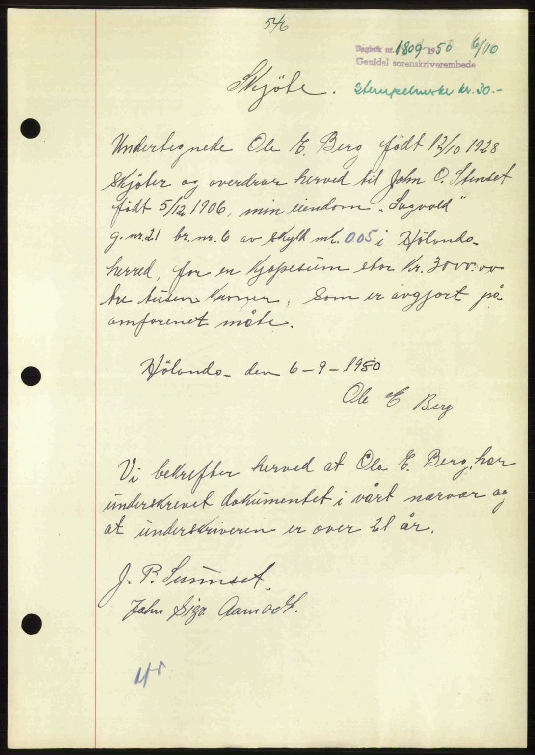 Gauldal sorenskriveri, SAT/A-0014/1/2/2C: Pantebok nr. A11, 1950-1950, Dagboknr: 1809/1950