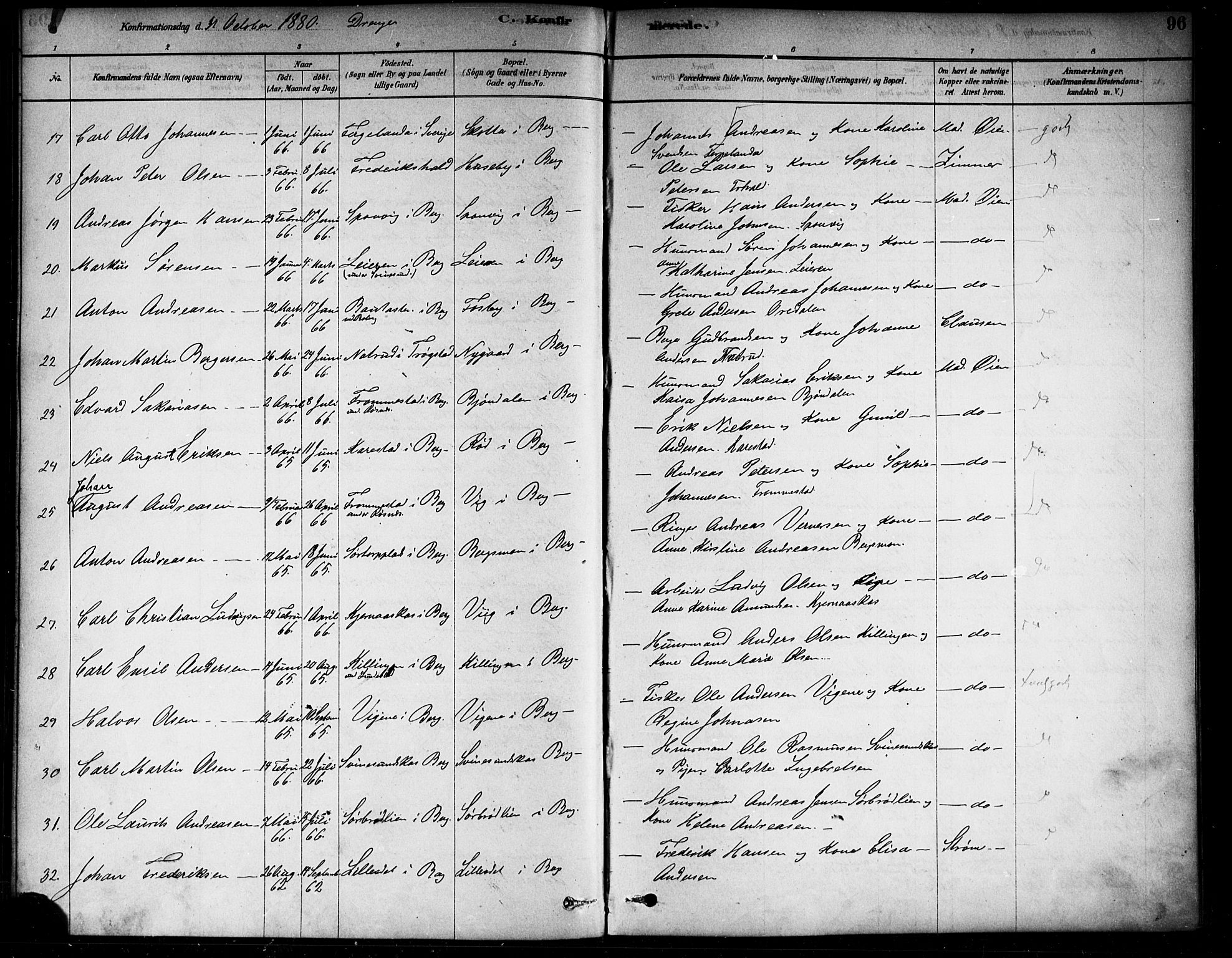 Berg prestekontor Kirkebøker, AV/SAO-A-10902/F/Fa/L0006: Ministerialbok nr. I 6, 1878-1887, s. 96