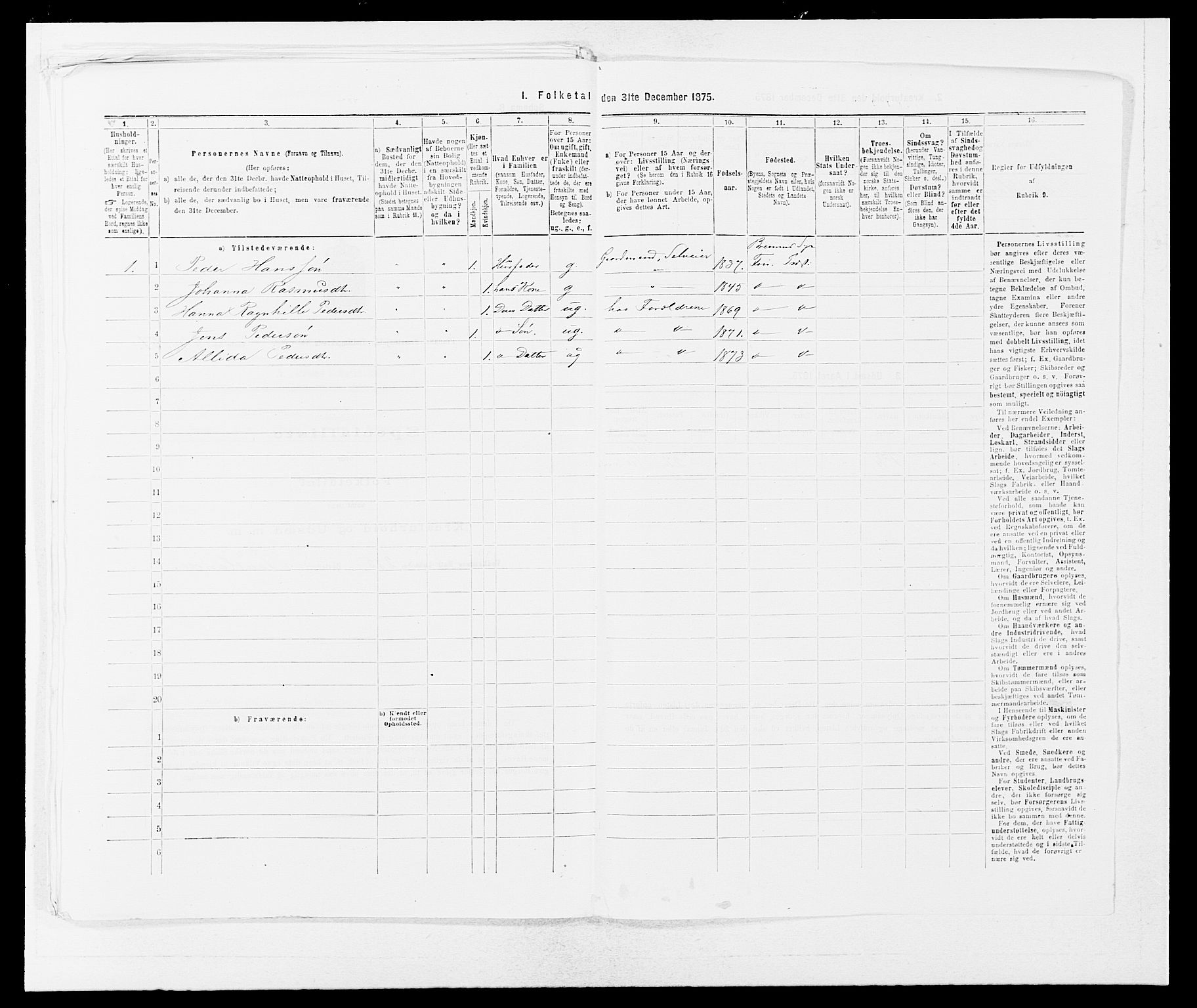 SAB, Folketelling 1875 for 1218P Finnås prestegjeld, 1875, s. 419