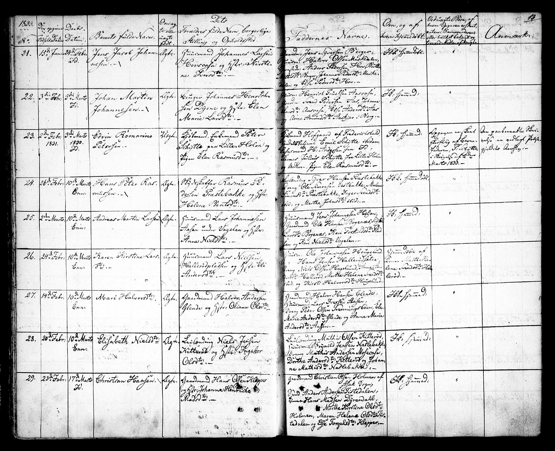 Idd prestekontor Kirkebøker, AV/SAO-A-10911/F/Fc/L0003: Ministerialbok nr. III 3, 1832-1847, s. 13