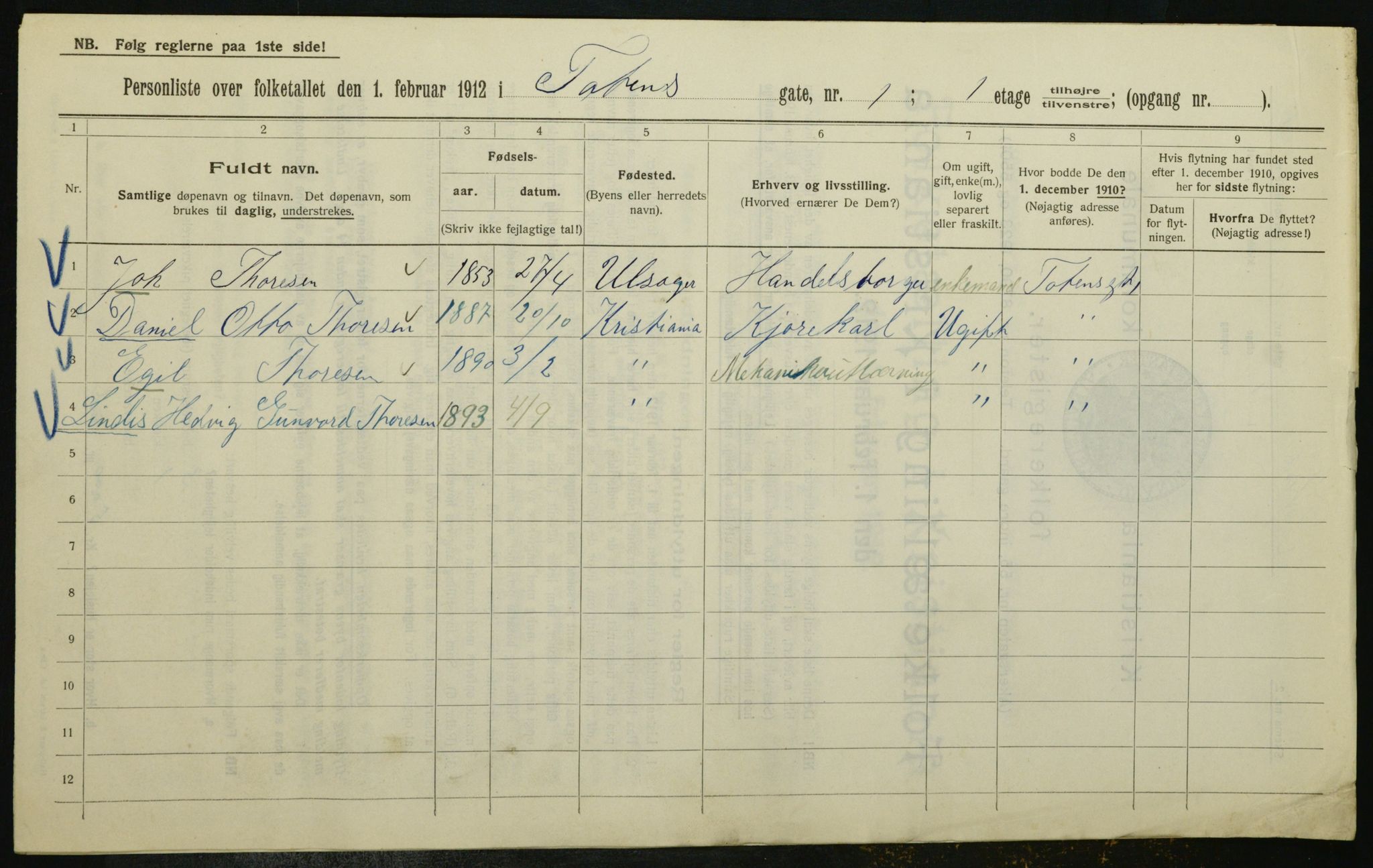 OBA, Kommunal folketelling 1.2.1912 for Kristiania, 1912, s. 115369