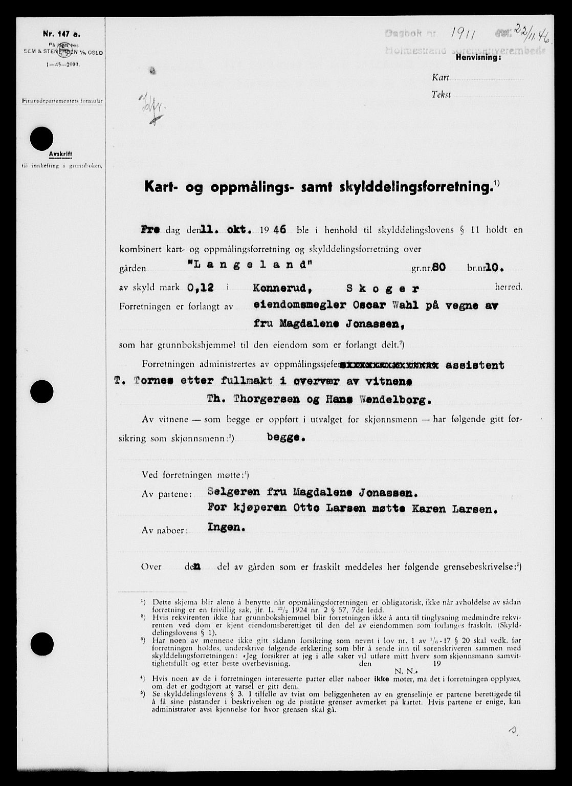 Holmestrand sorenskriveri, SAKO/A-67/G/Ga/Gaa/L0061: Pantebok nr. A-61, 1946-1947, Dagboknr: 1911/1946