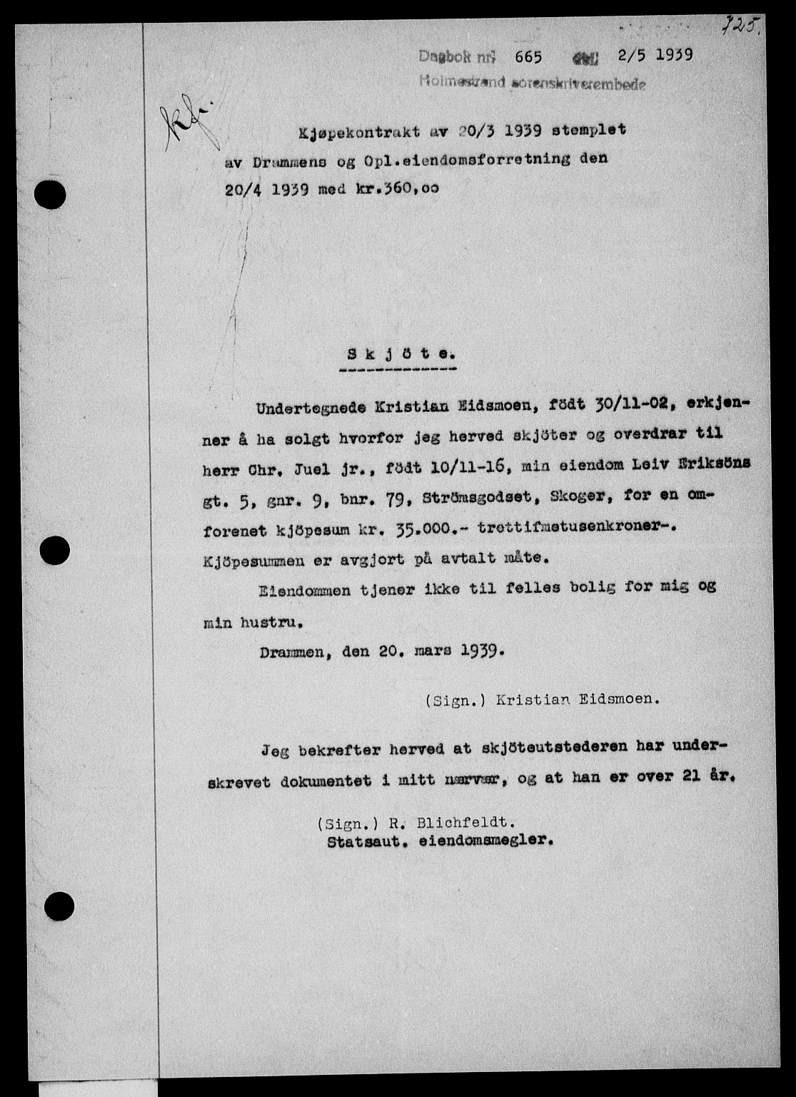 Holmestrand sorenskriveri, SAKO/A-67/G/Ga/Gaa/L0050: Pantebok nr. A-50, 1938-1939, Dagboknr: 665/1939