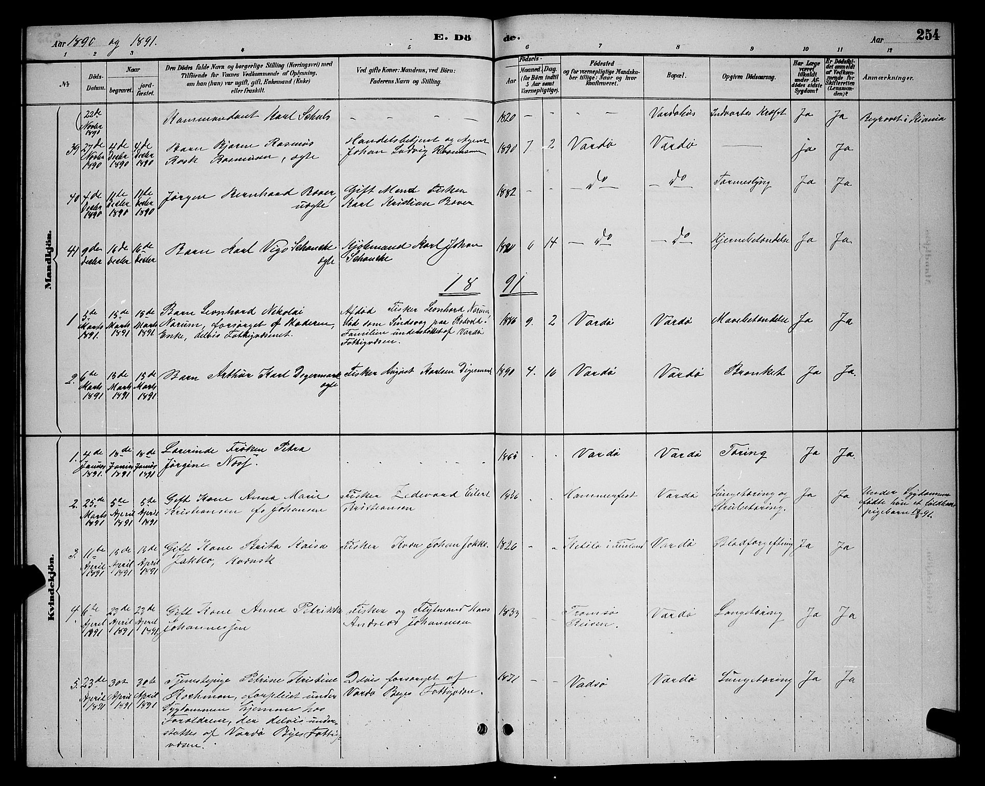 Vardø sokneprestkontor, AV/SATØ-S-1332/H/Hb/L0005klokker: Klokkerbok nr. 5, 1887-1892, s. 254