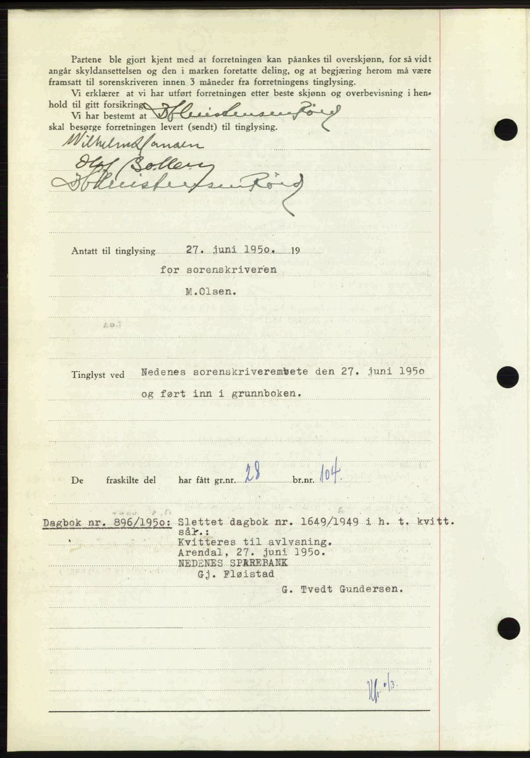 Nedenes sorenskriveri, AV/SAK-1221-0006/G/Gb/Gba/L0062: Pantebok nr. A14, 1949-1950, Dagboknr: 895/1950