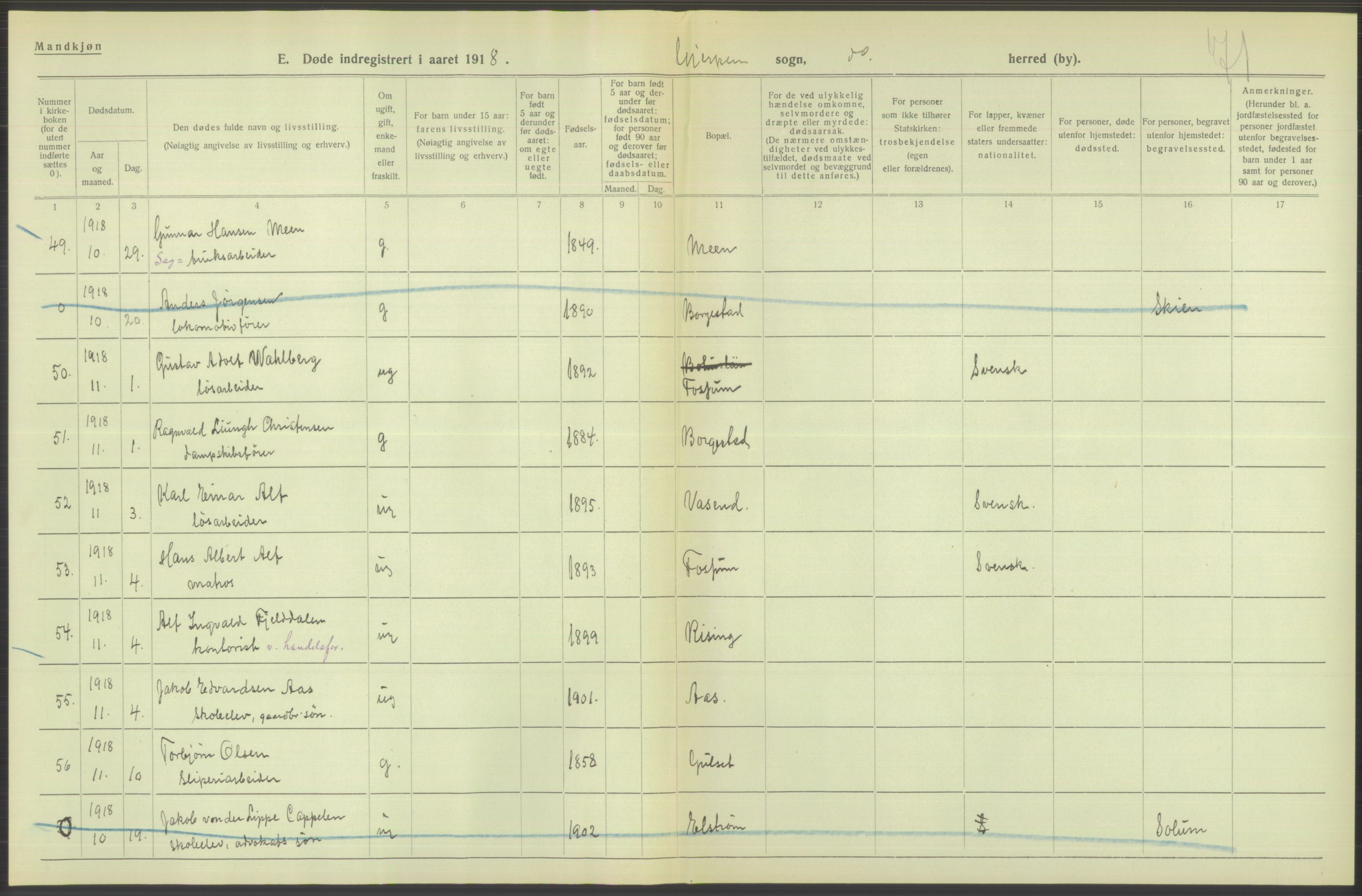 Statistisk sentralbyrå, Sosiodemografiske emner, Befolkning, AV/RA-S-2228/D/Df/Dfb/Dfbh/L0026: Telemark fylke: Døde. Bygder og byer., 1918, s. 386