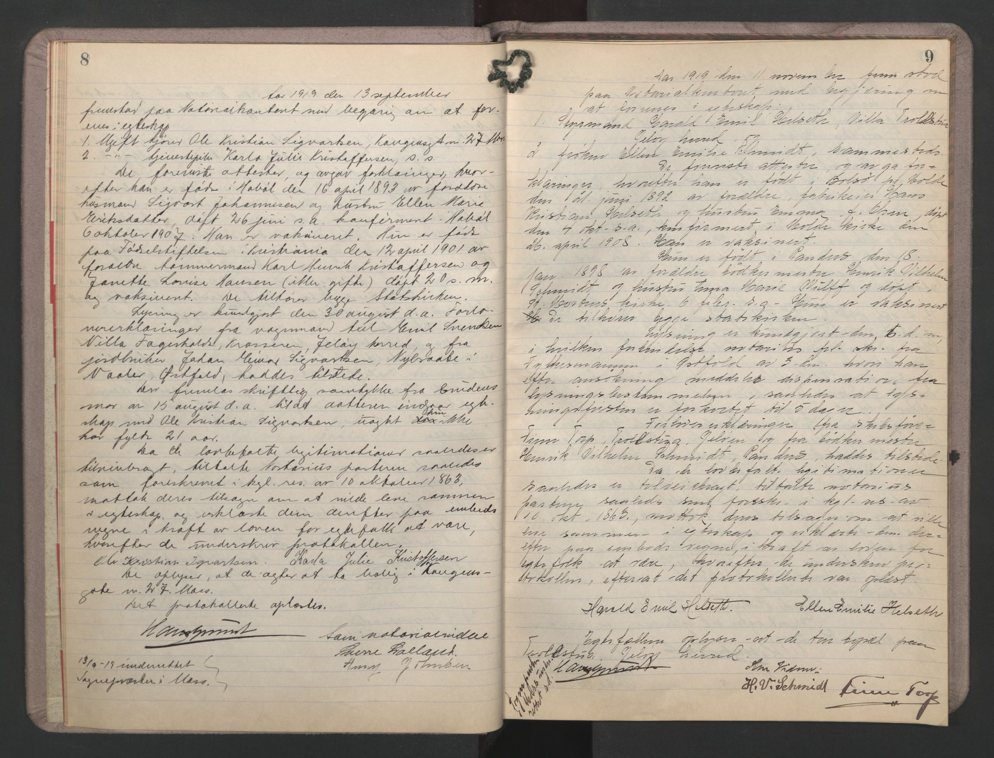 Moss byfogd, AV/SAO-A-10863/L/Lb/L0002: Vigselsbok, 1919-1920, s. 8-9