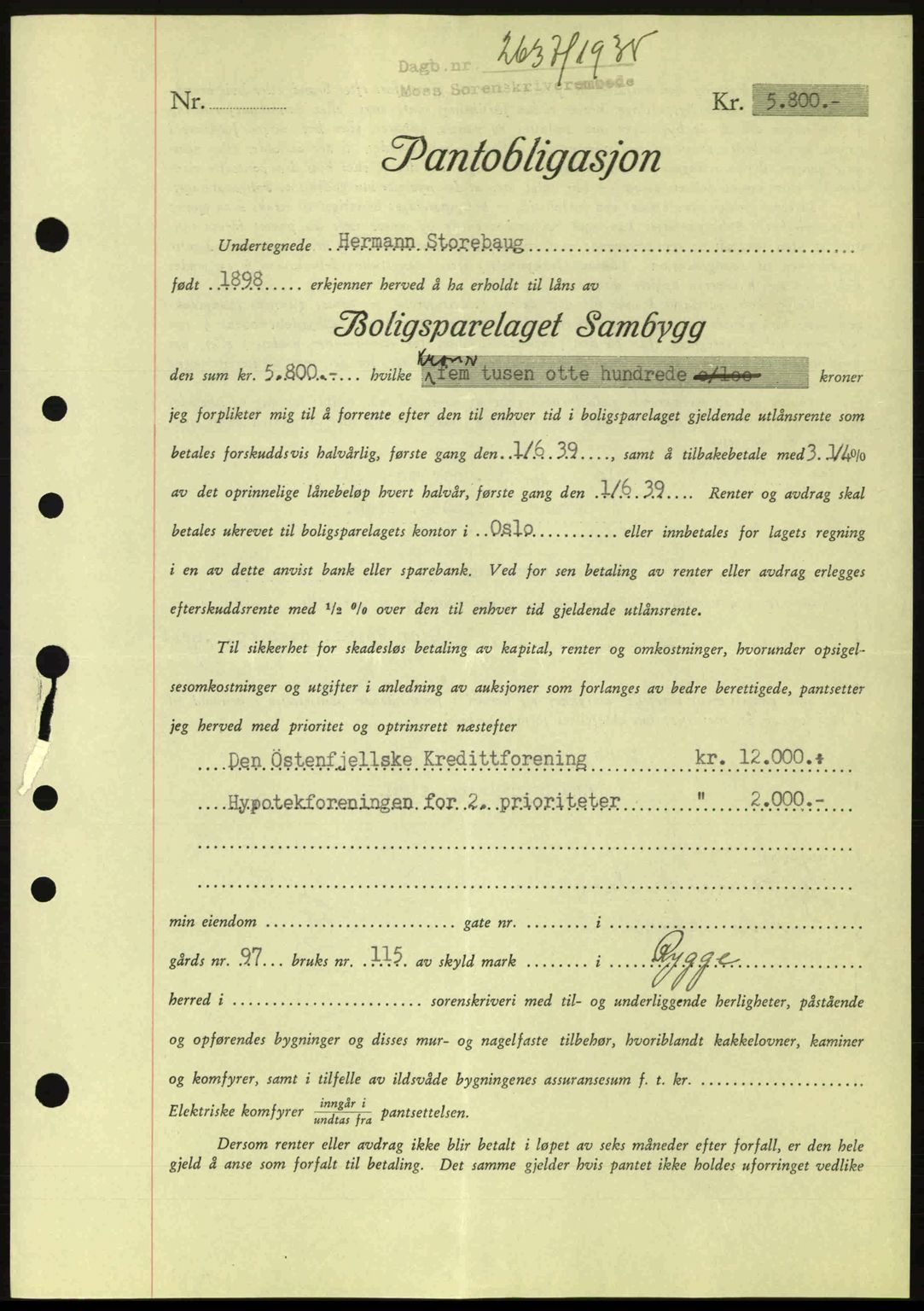 Moss sorenskriveri, SAO/A-10168: Pantebok nr. B6, 1938-1938, Dagboknr: 2637/1938