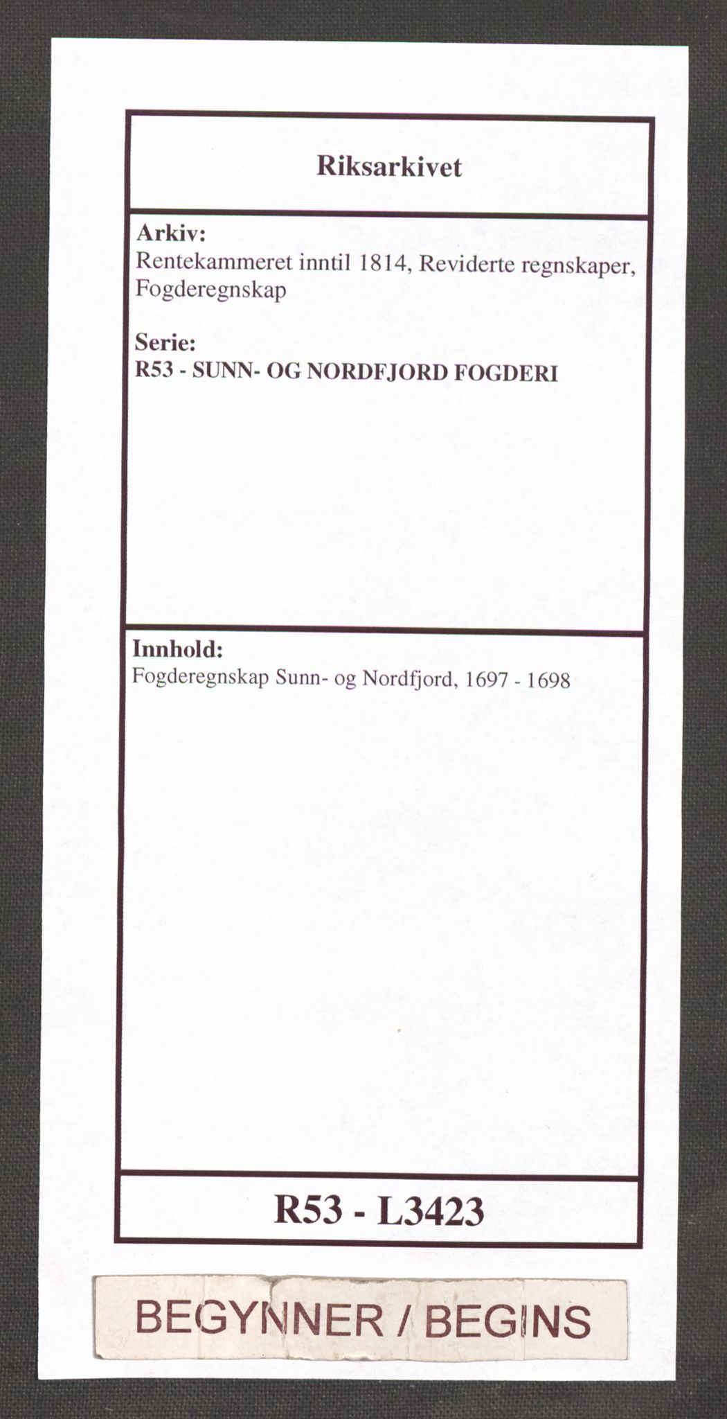 Rentekammeret inntil 1814, Reviderte regnskaper, Fogderegnskap, AV/RA-EA-4092/R53/L3423: Fogderegnskap Sunn- og Nordfjord, 1697-1698, s. 1