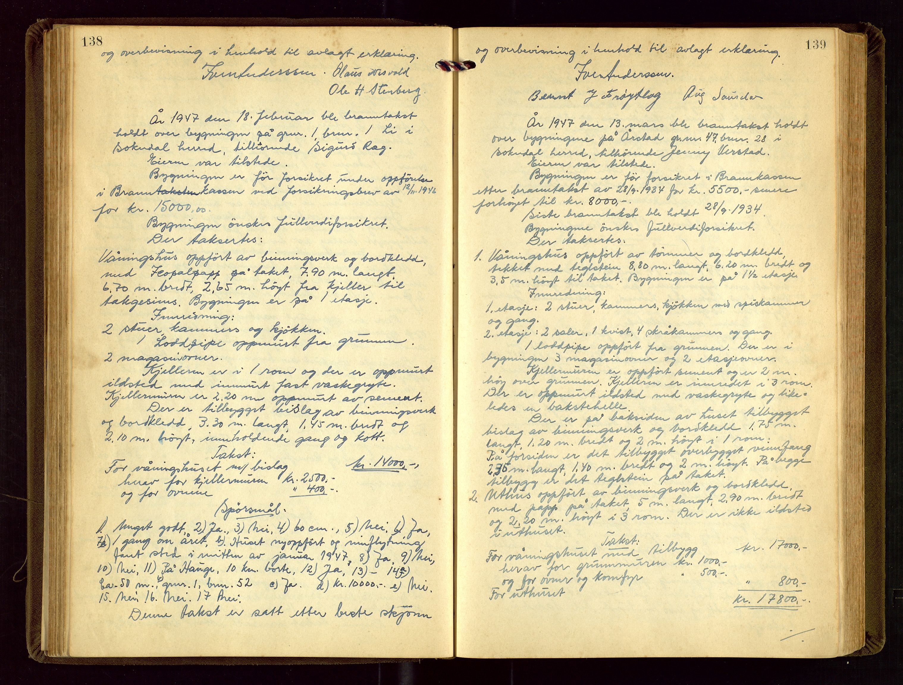 Sokndal lensmannskontor, AV/SAST-A-100417/Goa/L0004: "Brandtakstprotokol", 1920-1952, s. 138-139