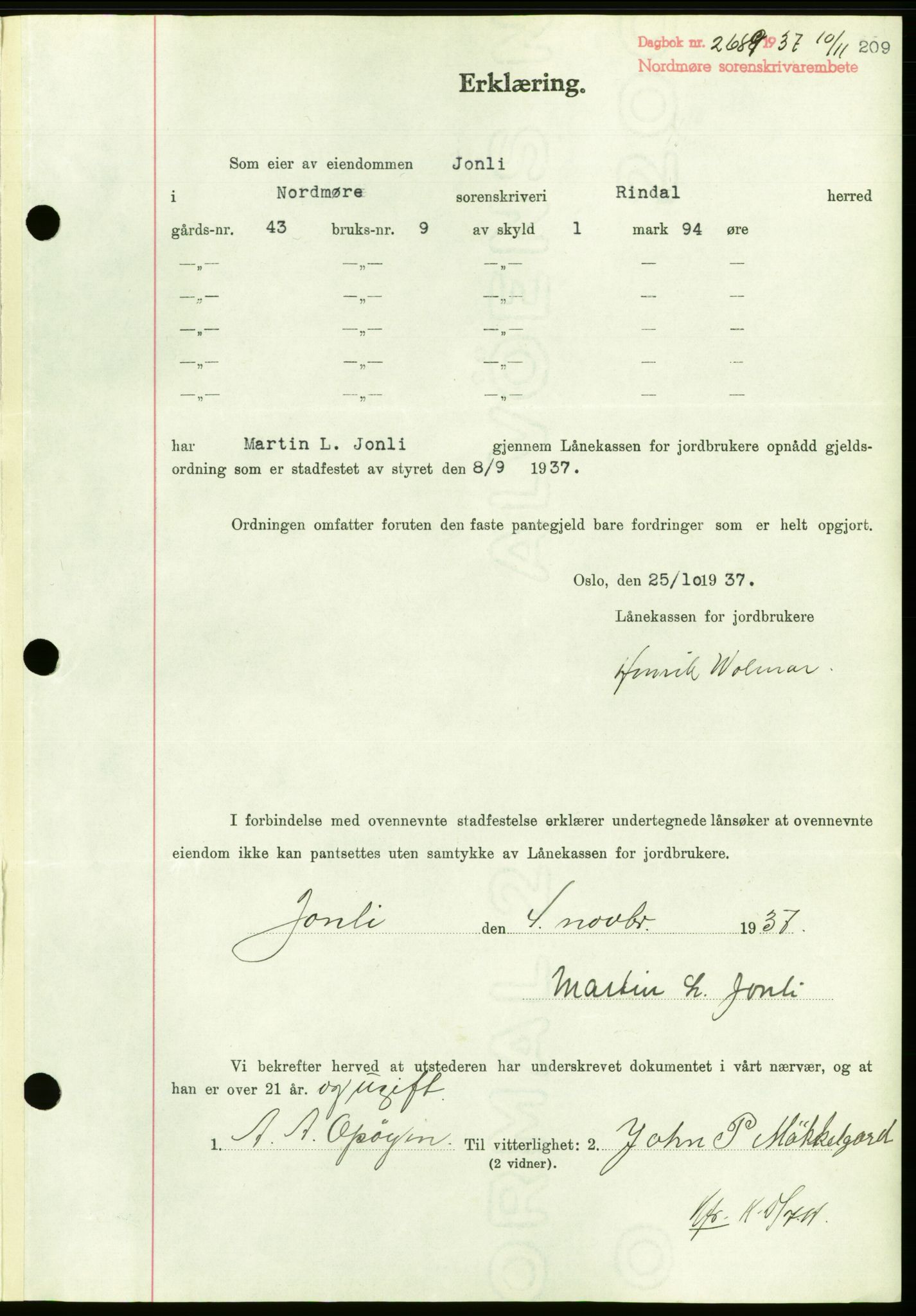 Nordmøre sorenskriveri, AV/SAT-A-4132/1/2/2Ca/L0092: Pantebok nr. B82, 1937-1938, Dagboknr: 2689/1937