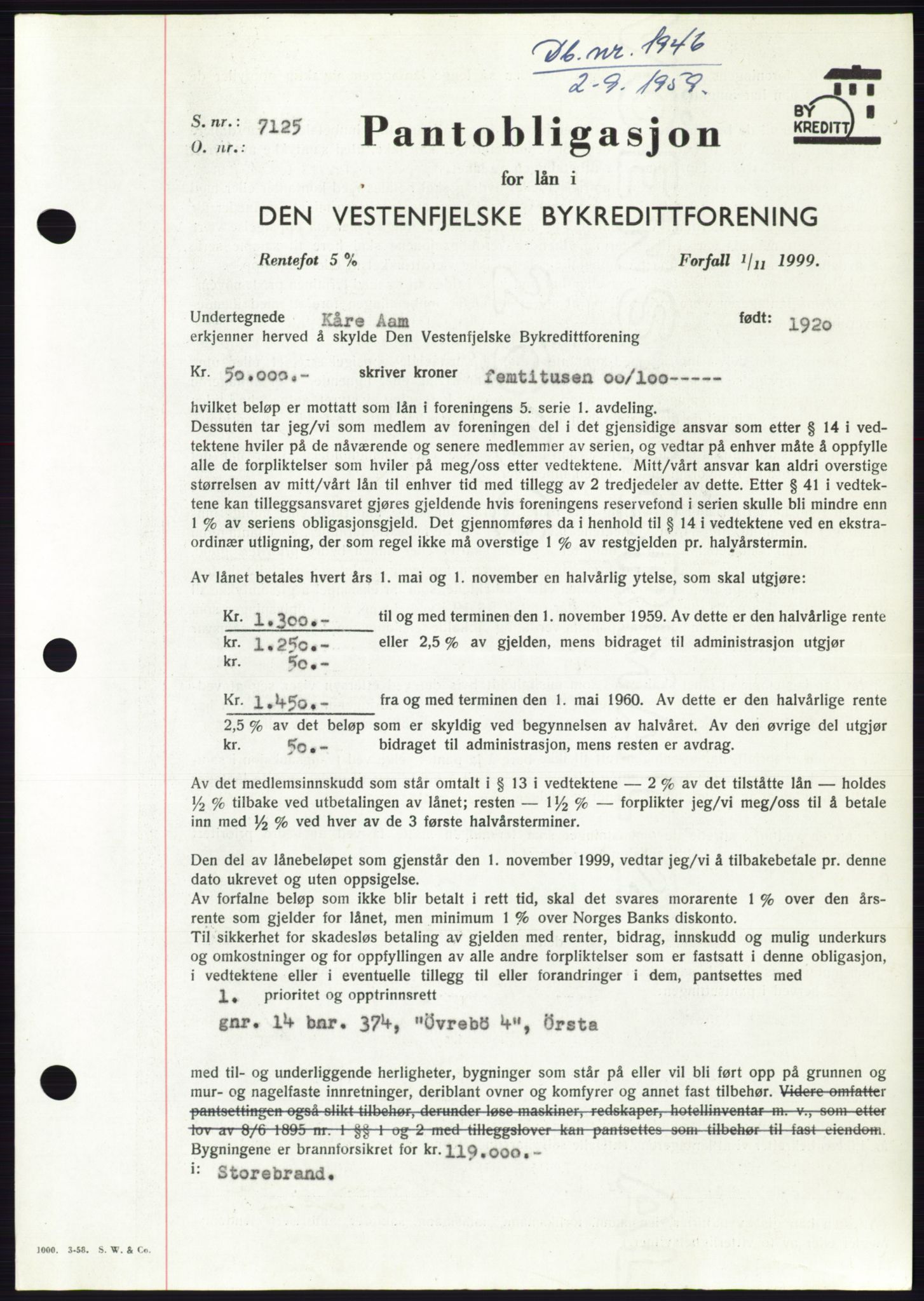 Søre Sunnmøre sorenskriveri, SAT/A-4122/1/2/2C/L0133: Pantebok nr. 21B, 1959-1959, Dagboknr: 1946/1959