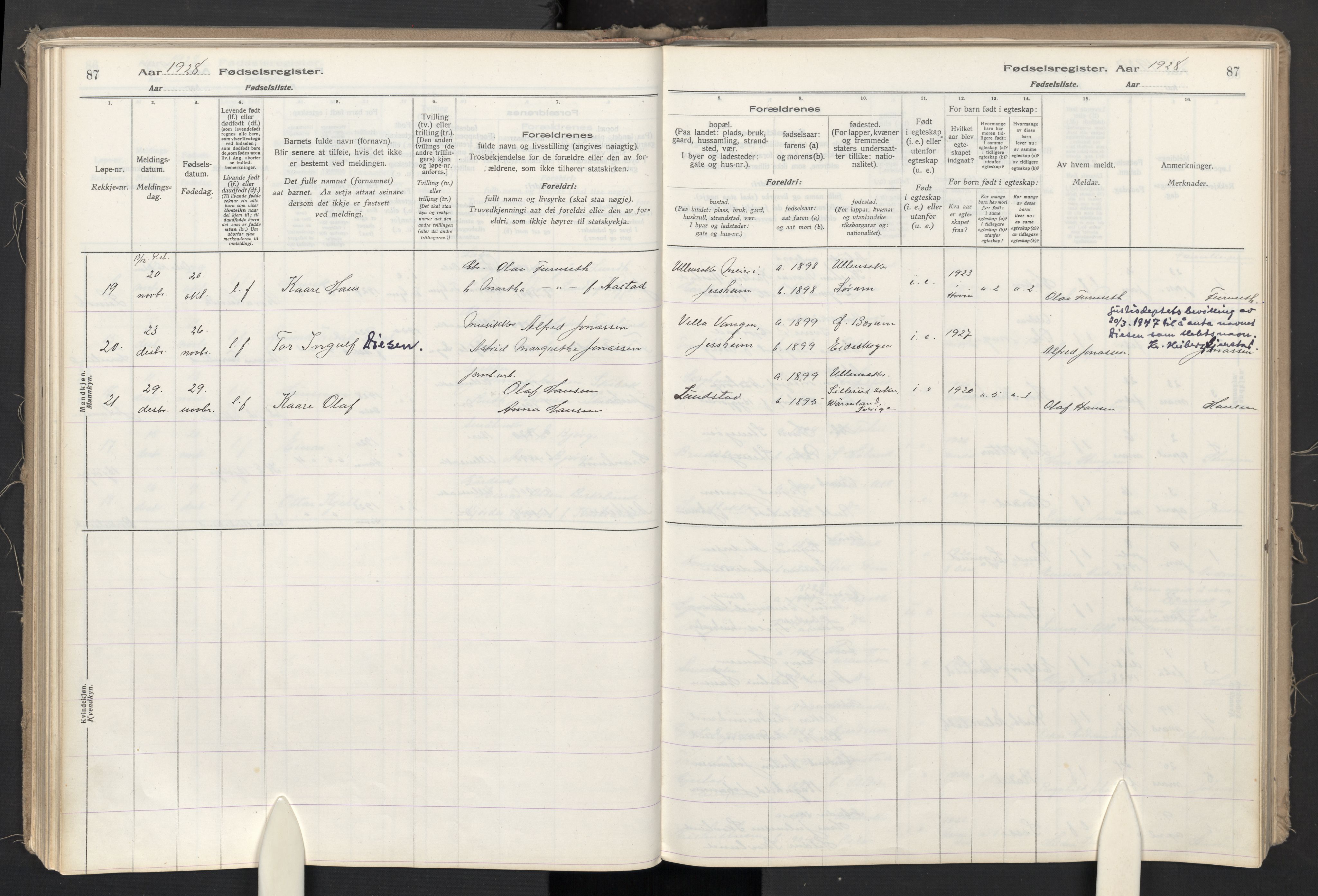 Ullensaker prestekontor Kirkebøker, AV/SAO-A-10236a/J/Jb/L0001: Fødselsregister nr. II 1, 1916-1946, s. 87