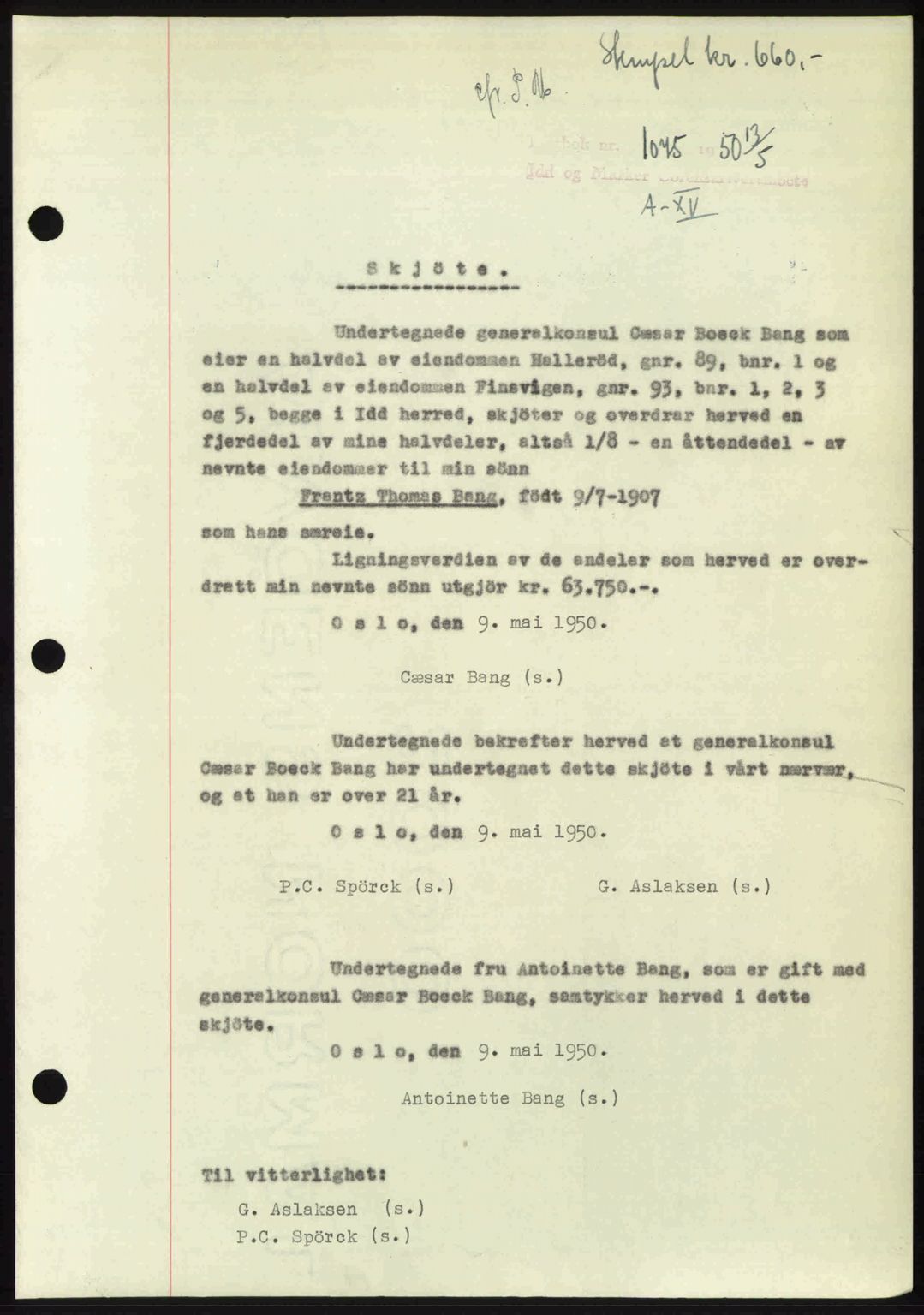 Idd og Marker sorenskriveri, AV/SAO-A-10283/G/Gb/Gbb/L0014: Pantebok nr. A14, 1950-1950, Dagboknr: 1075/1950