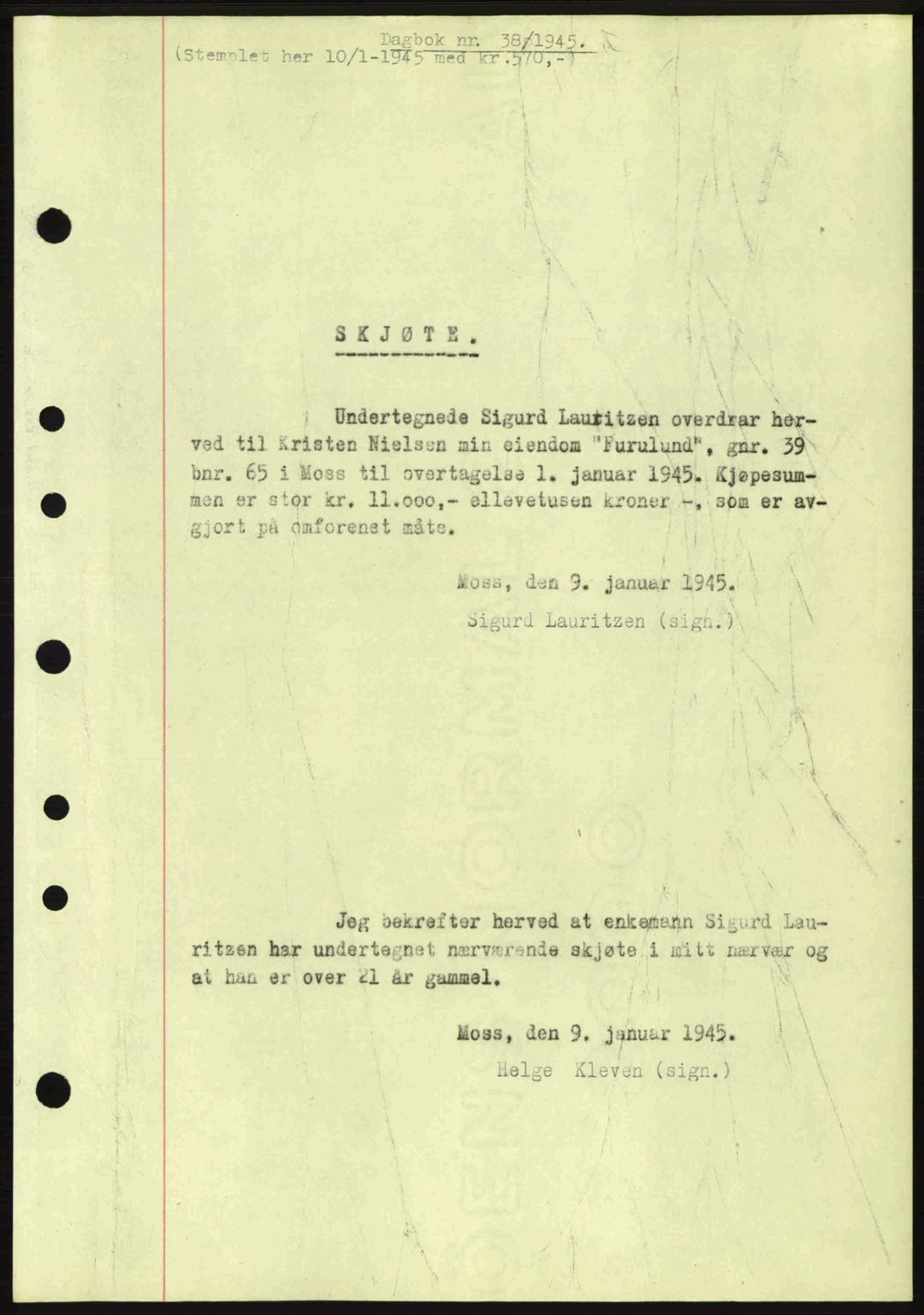Moss sorenskriveri, SAO/A-10168: Pantebok nr. A13, 1944-1945, Dagboknr: 38/1945