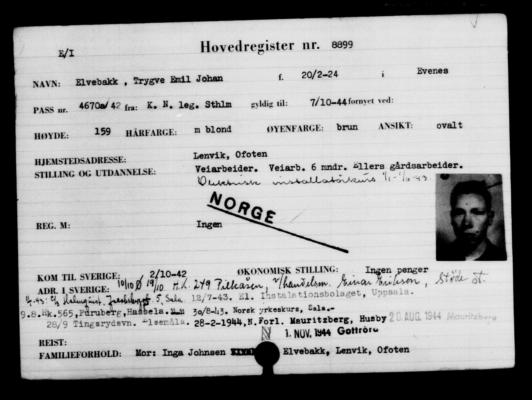 Utenriksstasjonene, Legasjonen i Stockholm, Flyktningkontoret, AV/RA-S-6753/V/Va/L0005: Kjesäterkartoteket, flyktninger med registreringsnr. 6600-9417, 1940-1945, s. 2696