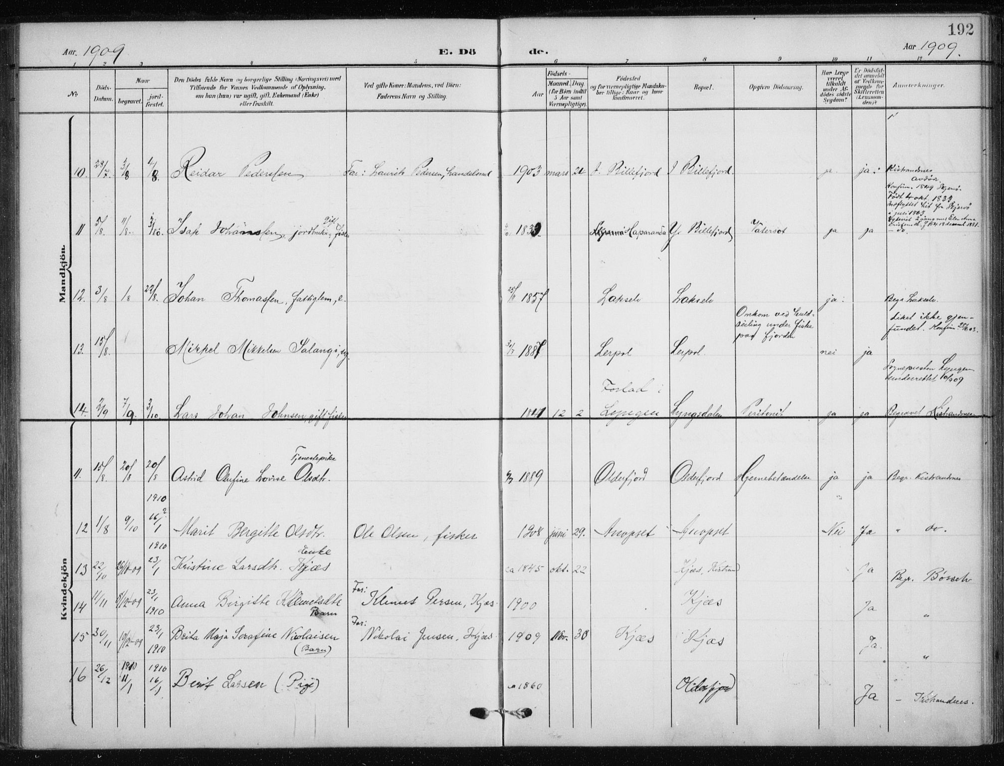 Kistrand/Porsanger sokneprestembete, AV/SATØ-S-1351/H/Ha/L0014.kirke: Ministerialbok nr. 14, 1908-1917, s. 192